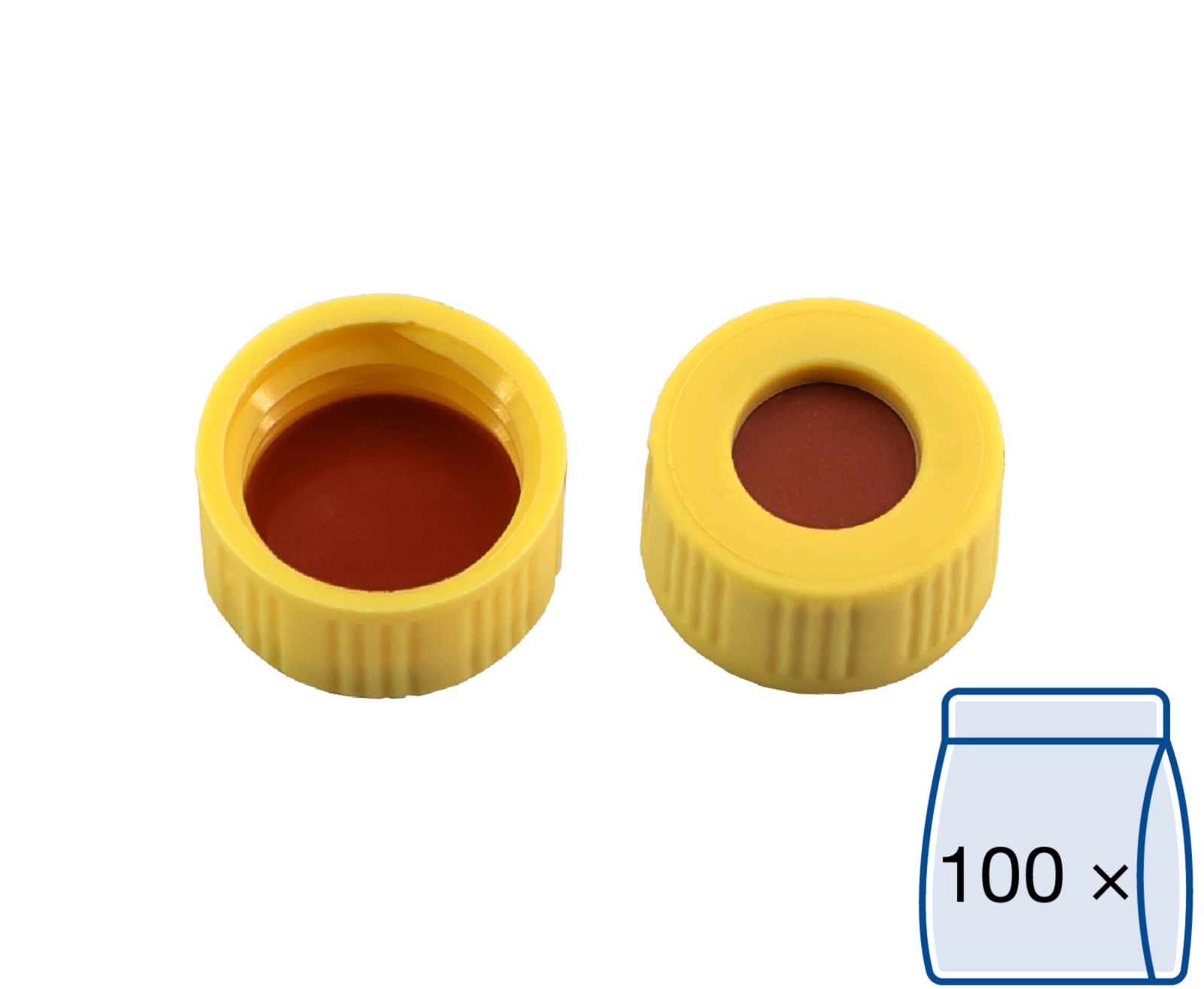 Screw closure, N 9, PP, yellow, center hole, Red Rubber/FEP colorless, 1.0 mm
