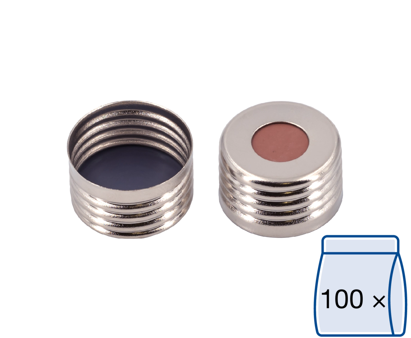 Screw closure, N 18, metal (magn.), silver,center hole,Butyl red/PTFE gray,1.5mm