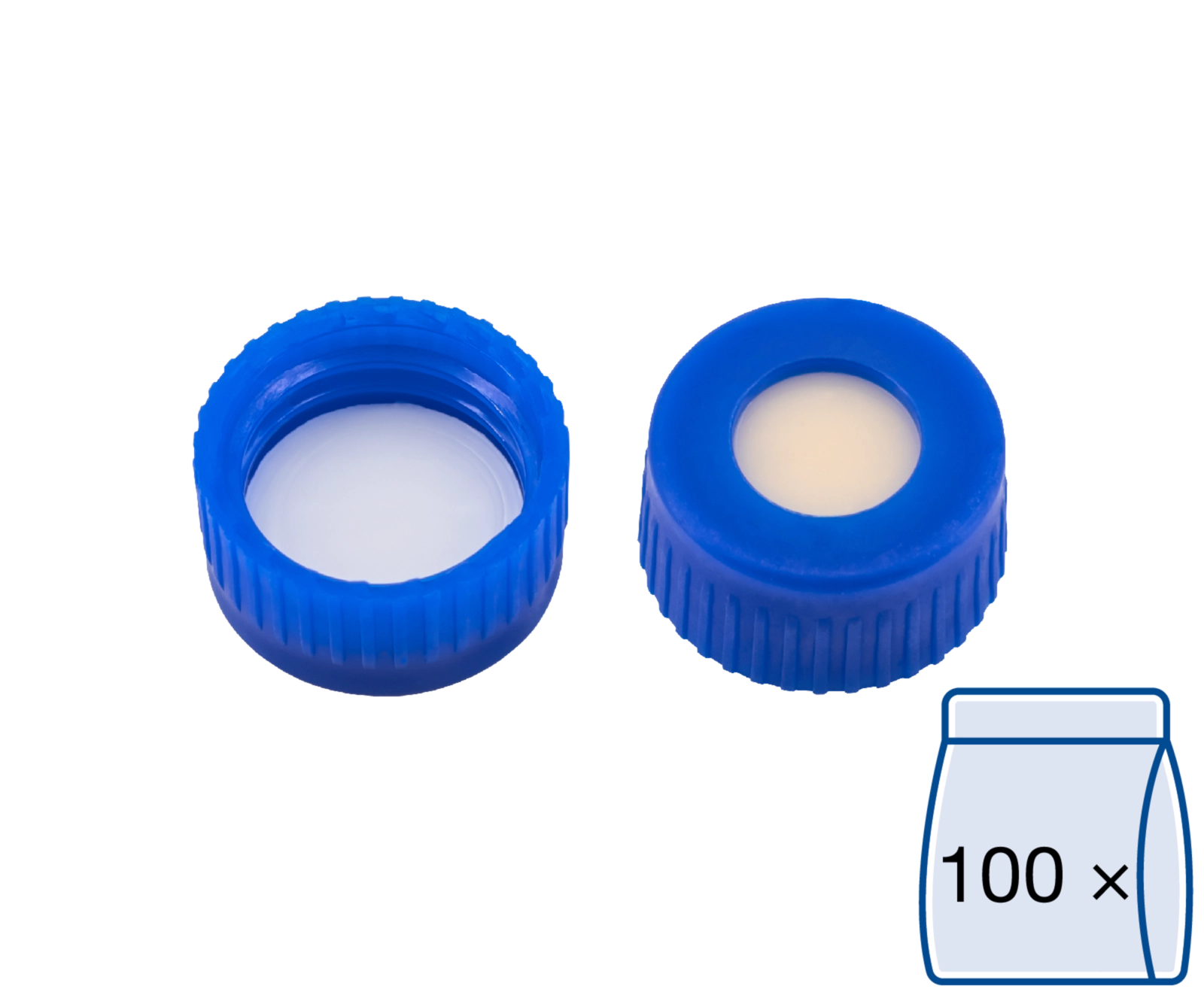 Screw closure (bonded), N 9, PP,blue,center hole,Silic. beige/PTFE white, 1.3 mm