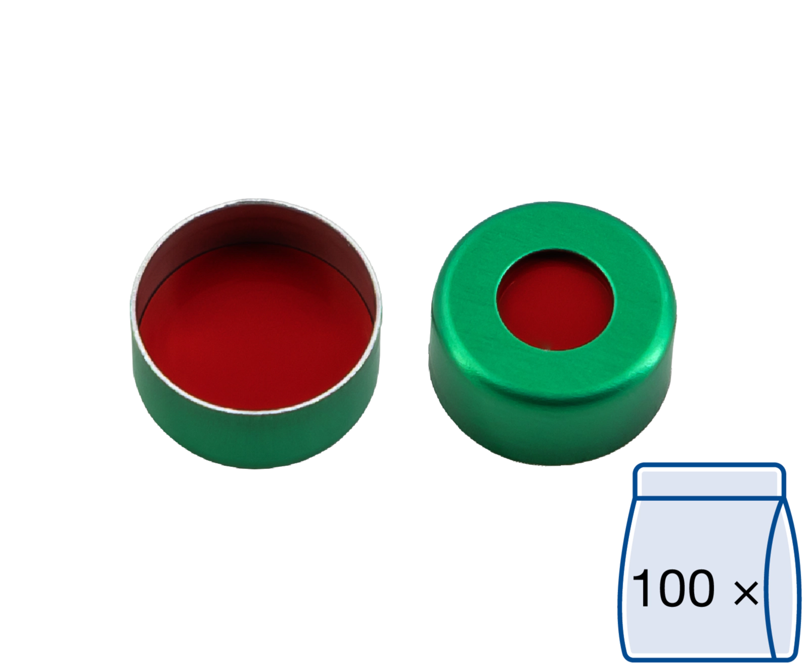 Crimp closure, N 11, alu., green,center hole,PTFE red/Silicone w./PTFE red,1.0mm
