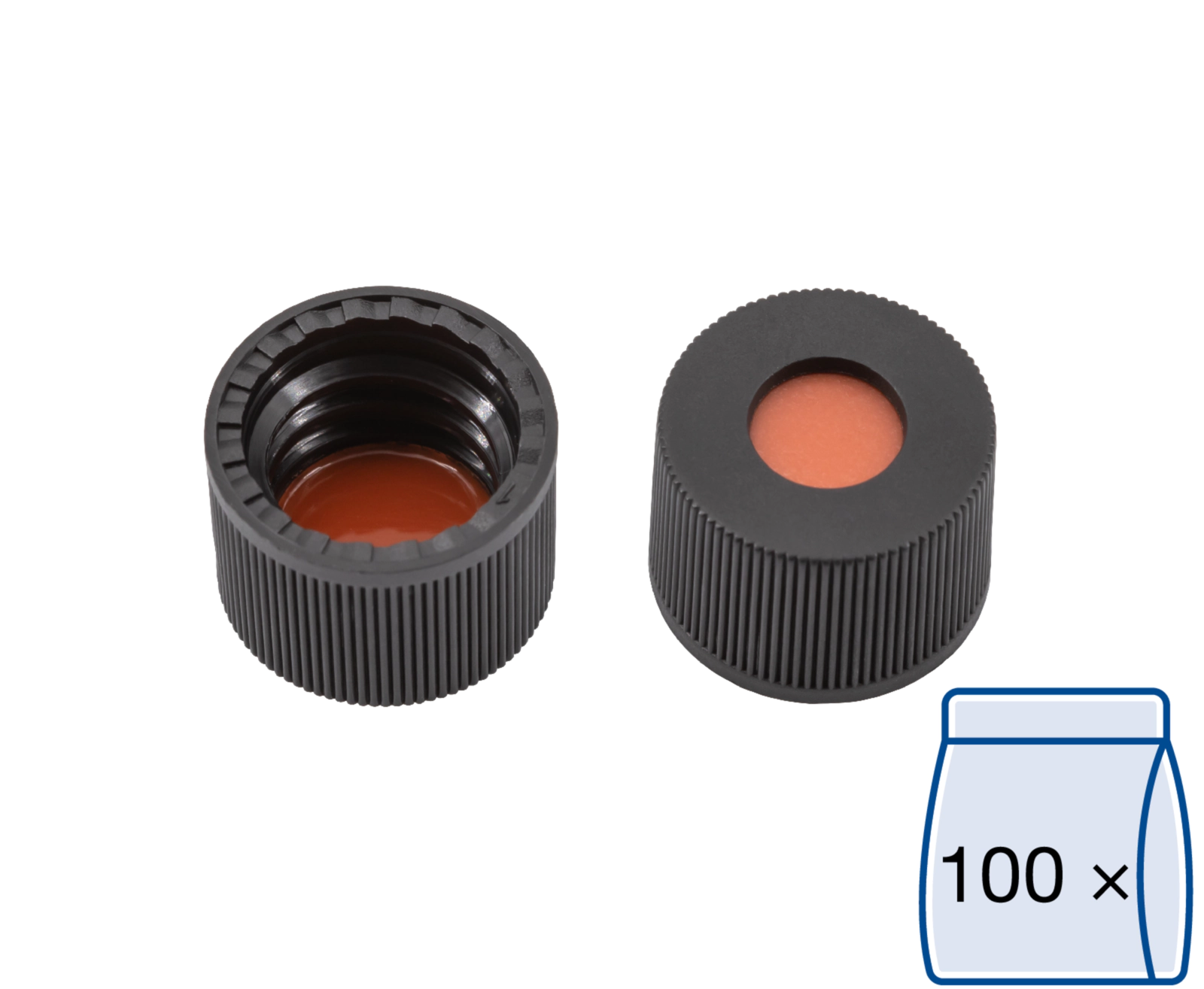 Screw closure, N 8, PP, black, center hole, Red Rubber/FEP colorl., 1.3 mm