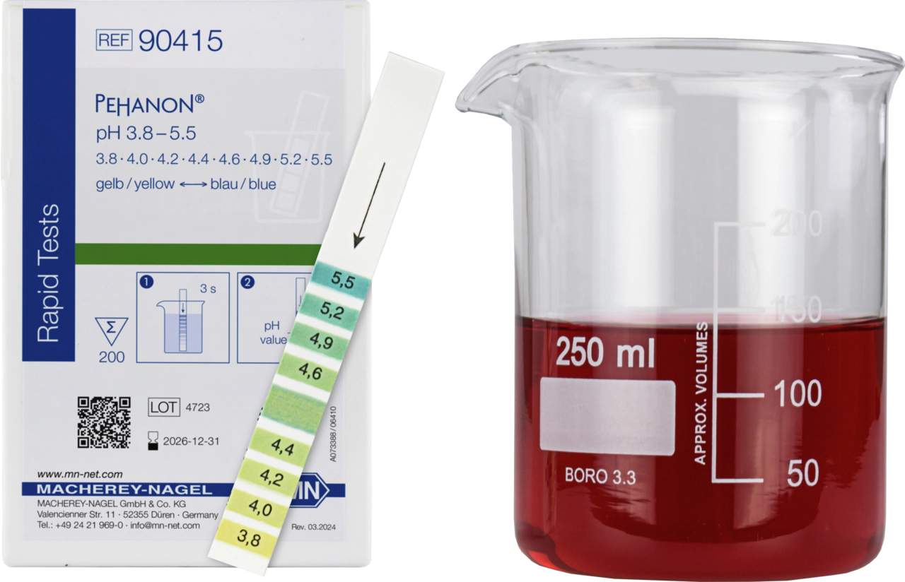pH test strips, PEHANON 3.8–5.5, for colored samples