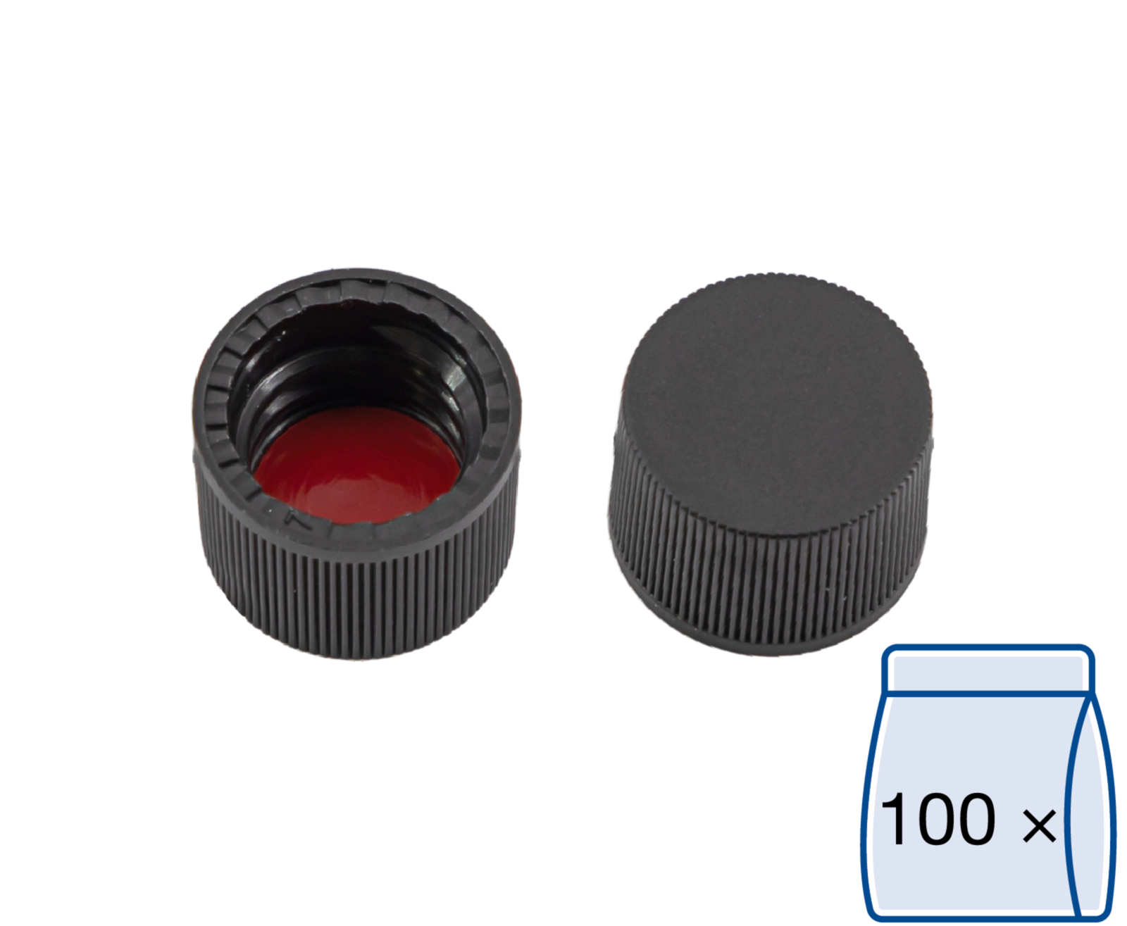Screw closure, N 8, PP, black, closed top, Silicone white/PTFE red, 1.3 mm