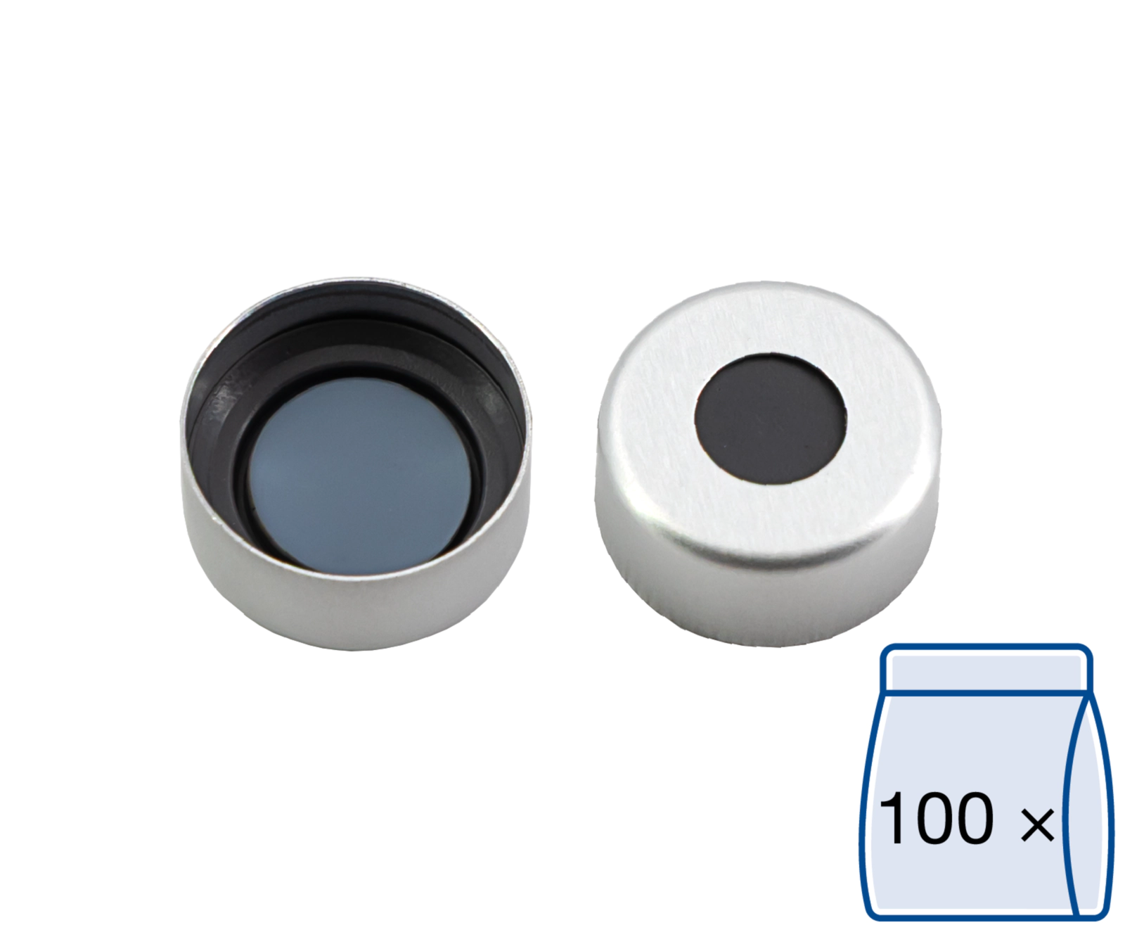 Crimp closure, N 13, alu., center hole, Butyl dark gray/PTFE gray, 2.0 mm