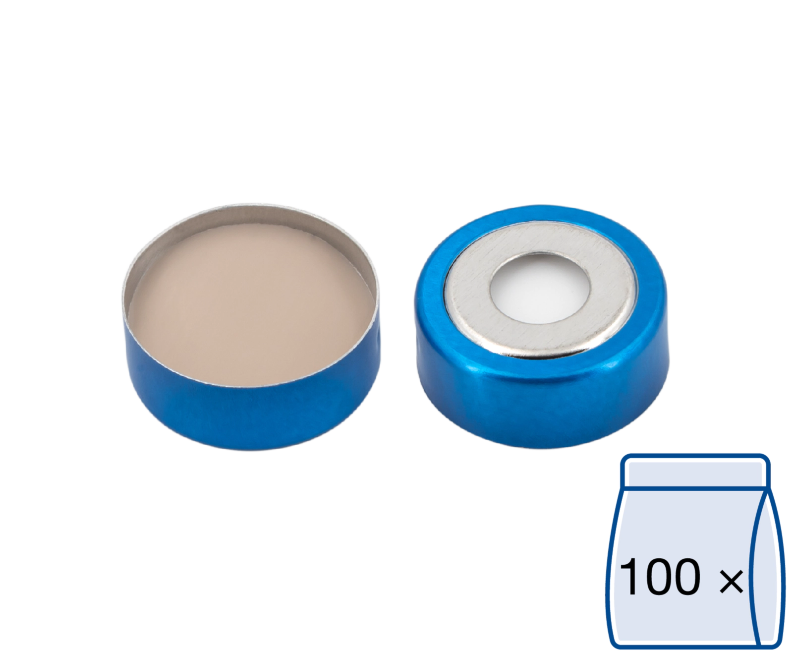 Crimp closure, N 20, alu.,blue/tin, center hole, Silicone white/PTFE beige,3.0mm