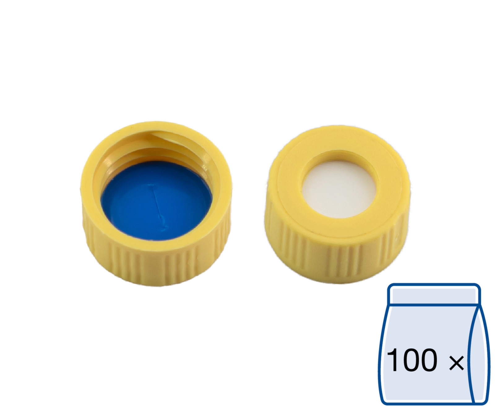 Screw closure, N 9, PP, yellow, center hole, Silicone white/PTFE blue,slit,1.0mm
