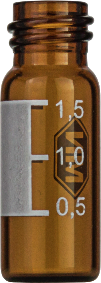 Screw neck vial, N 10, 11.6x32.0 mm, 1.5 mL, label, flat bottom, amber