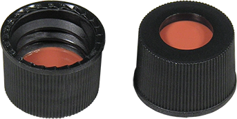 Screw closure (bonded), N 10, PP, black,center hole,Red Rubber/TEF colorl.,1.0mm