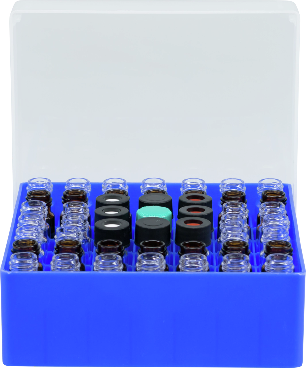 Vial container, max. diameter 15 mm, 49 pos. with lid and divider, stackable
