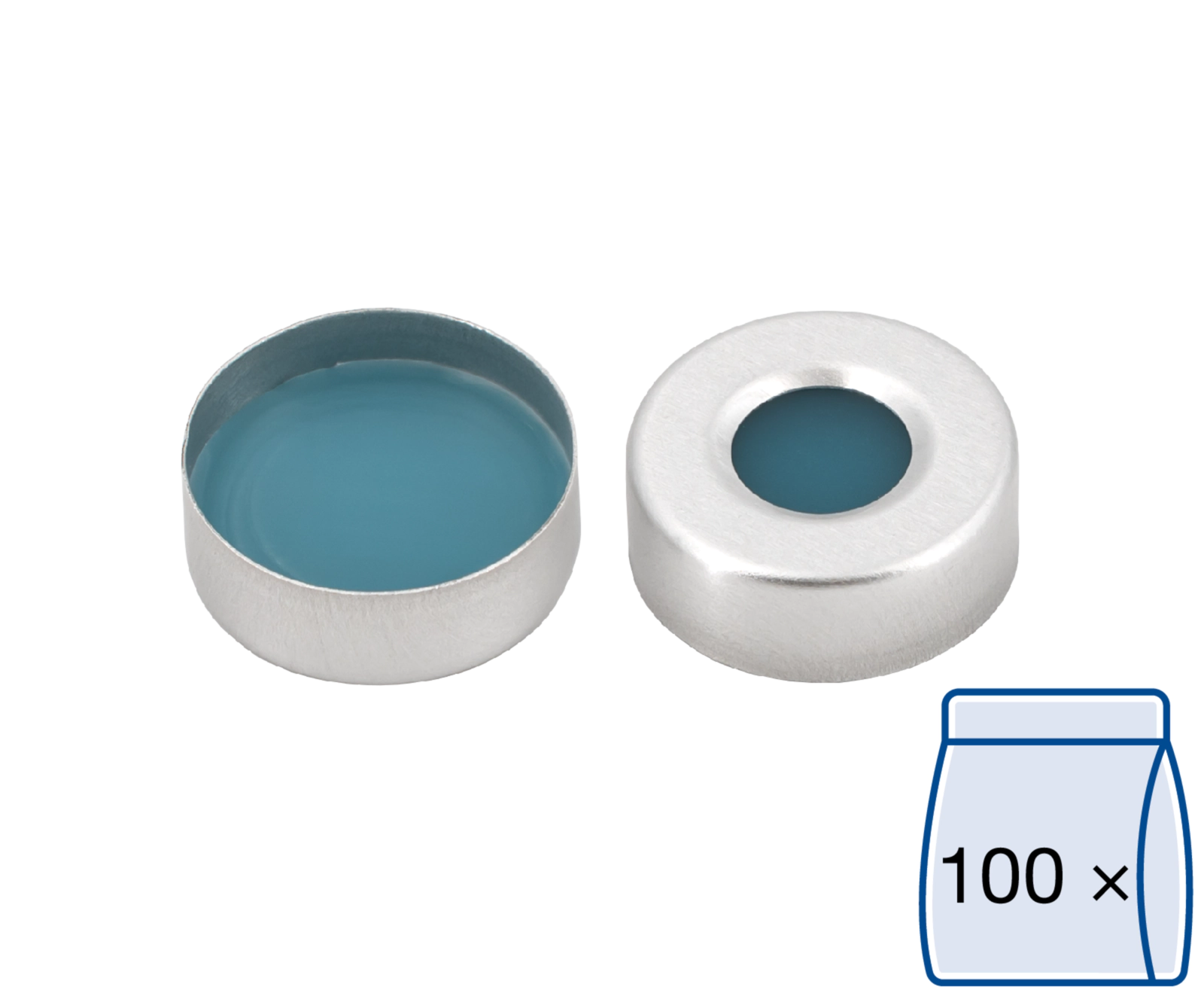 Crimp closure, N 20, alu., center hole, Silicone blue transp./PTFE colorl.,3.0mm