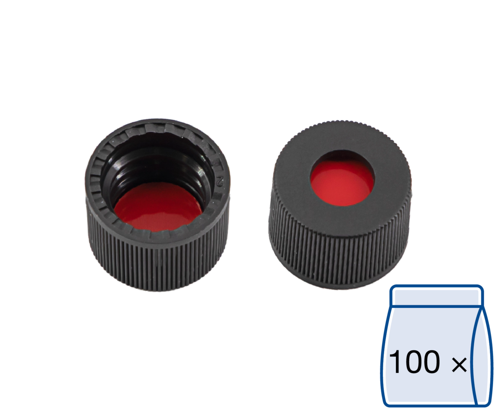 Screw closure, N 8, PP, black, center hole, PTFE red/Silicone w./PTFE red, 1.0mm