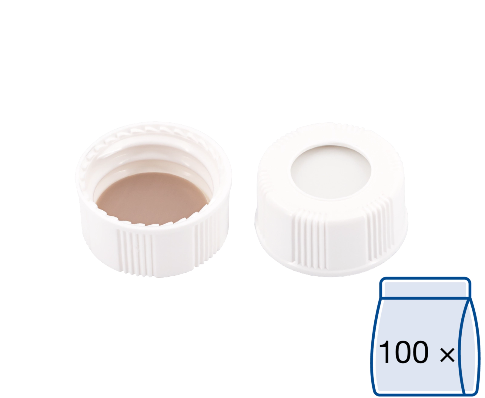 Screw closure (bonded), N 20, PP, white,center hole,Silicone w./PTFE beige,1.5mm