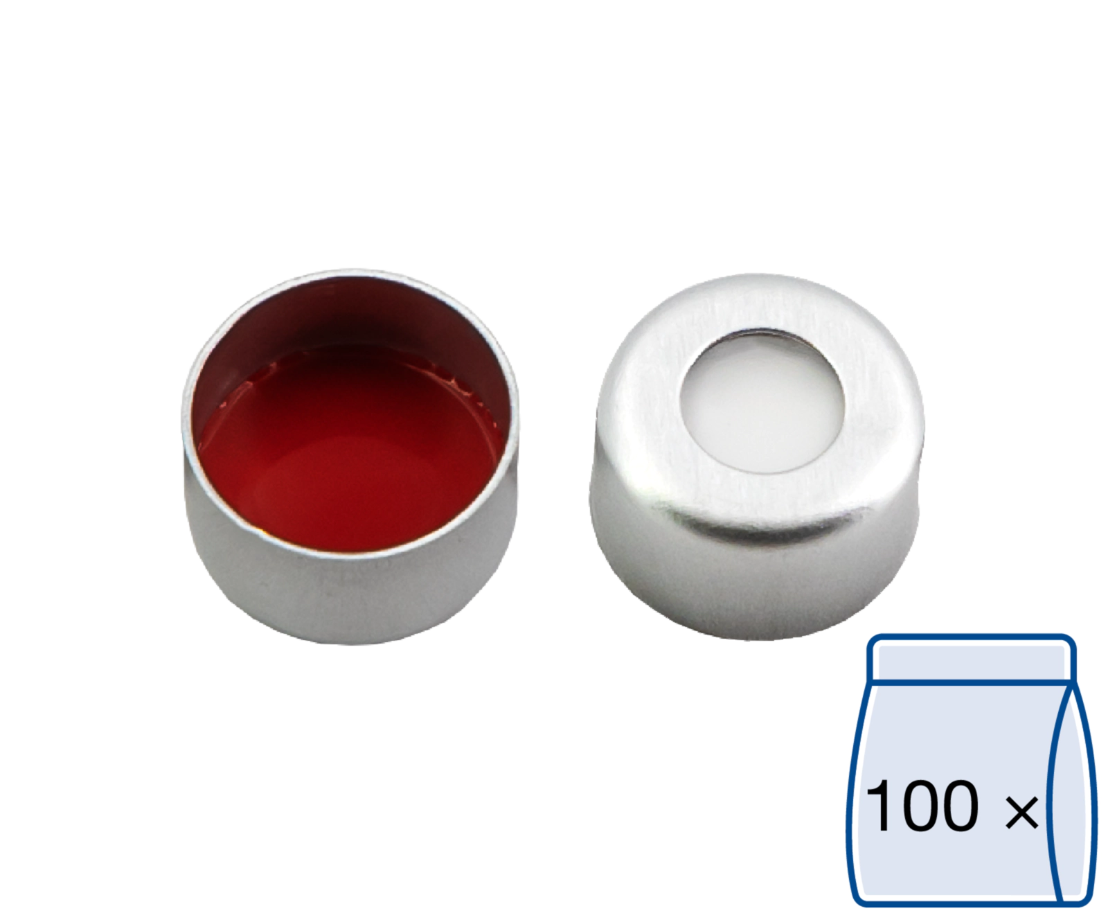 Crimp closure, N 8, alu., center hole, Silicone white/PTFE red, 1.0 mm