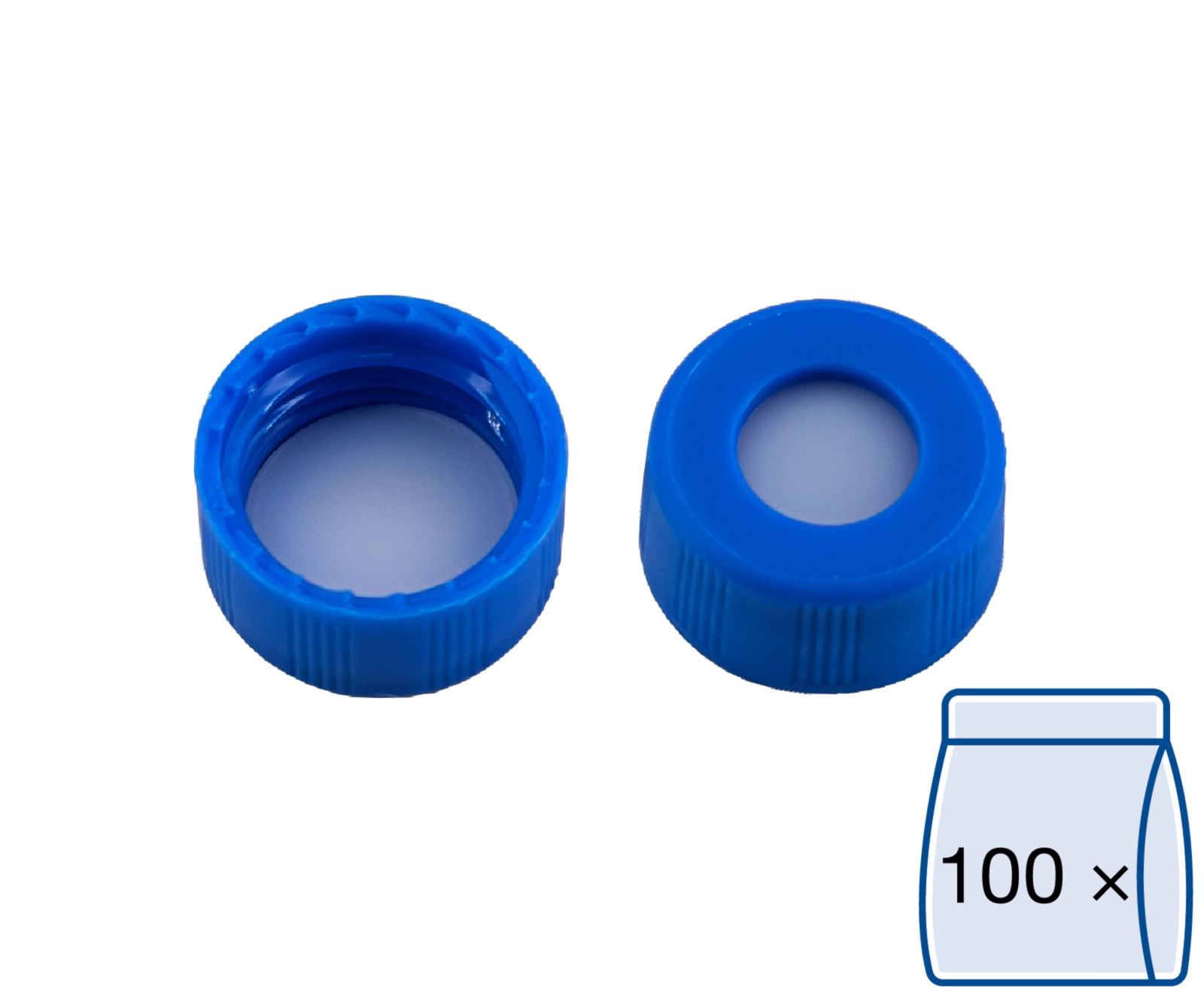 Screw closure, N 9, PP, blue, center hole, PTFE, white, 0.25 mm