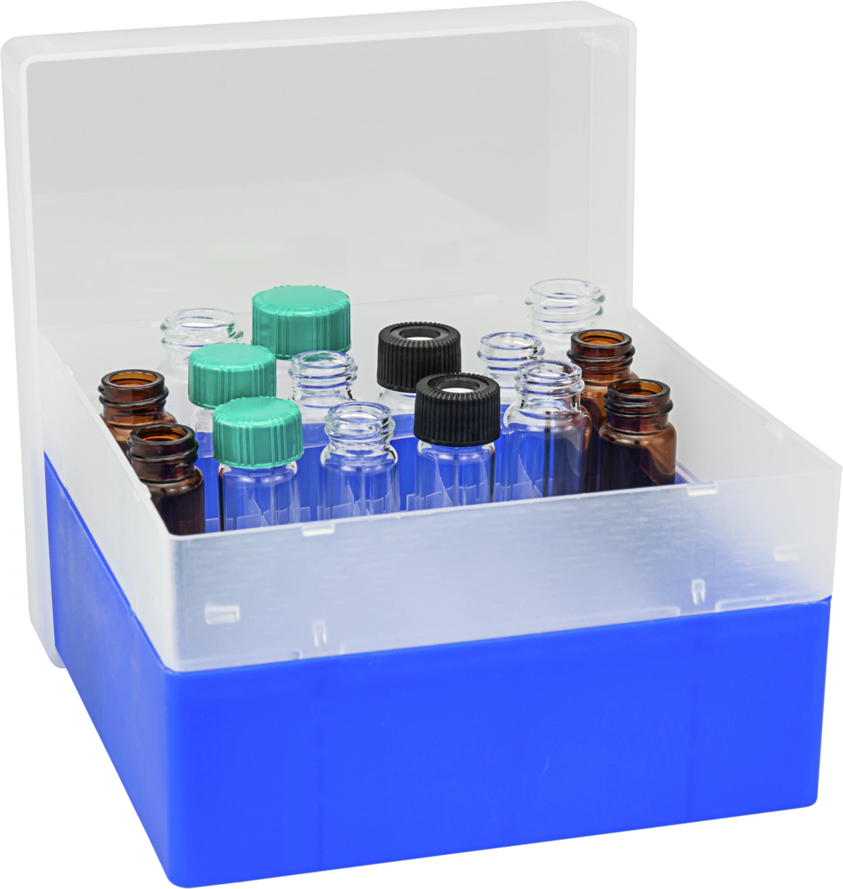 Vial container, max. diameter 18.5 mm, 36 pos. with lid and divider, stackable
