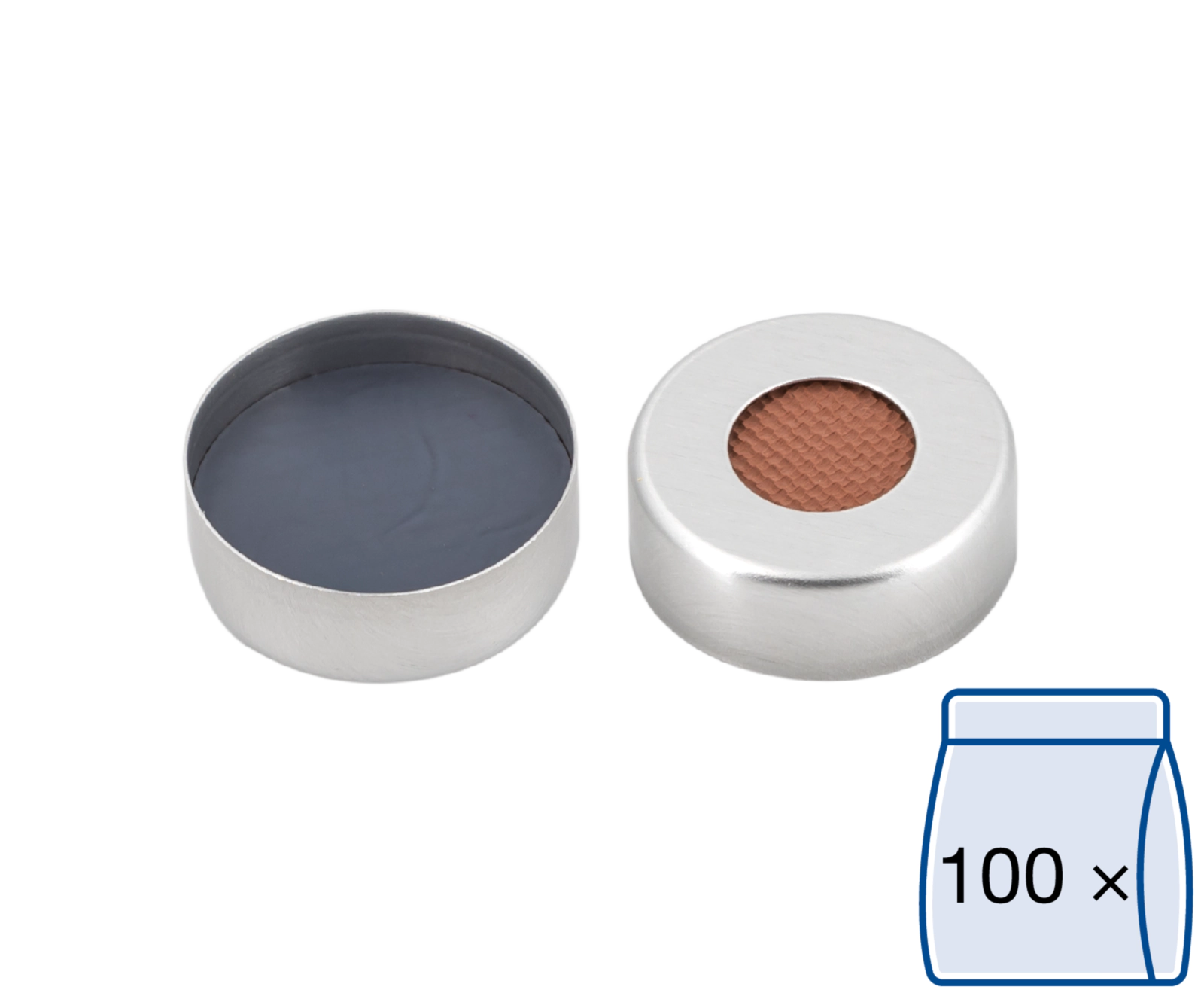 Crimp closure, N 20, alu., center hole, Butyl red/PTFE gray, 3.0 mm