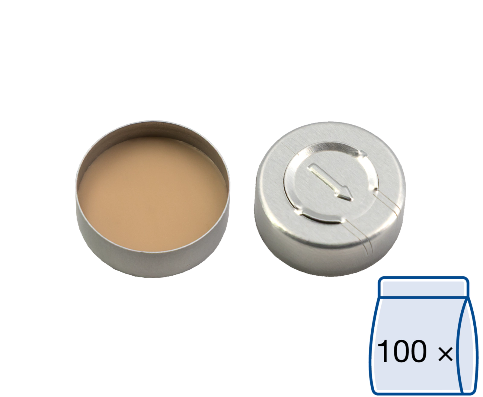 Crimp closure, N 20, alu., complete tear off, Silicone white/PTFE beige, 3.0 mm