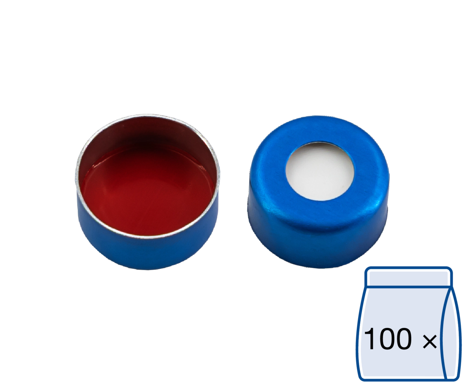 Crimp closure, N 11, alu., blue, center hole, Silicone white/PTFE red, 1.3 mm