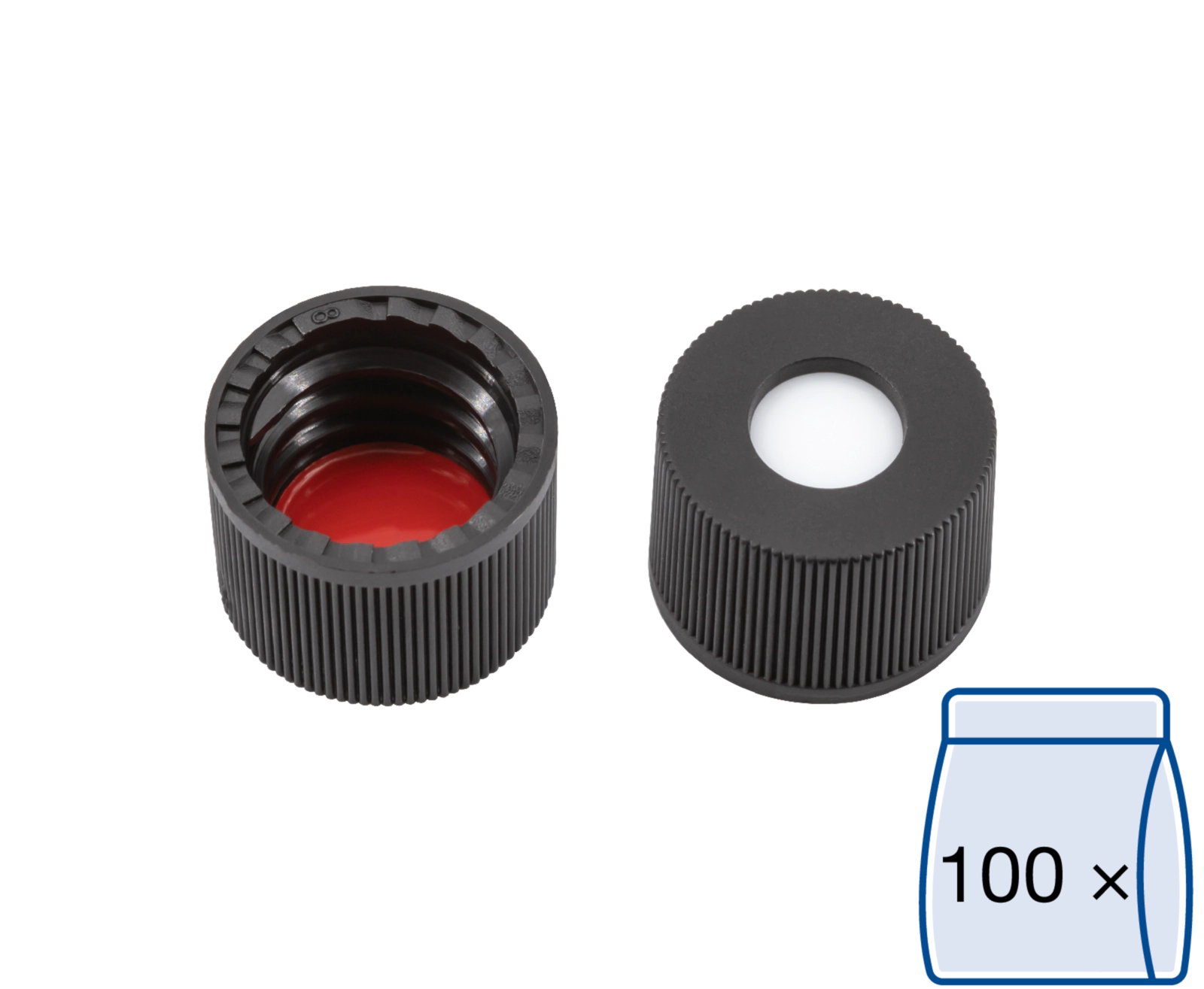 Screw closure, N 8, PP, black, center hole, Silicone white/PTFE red, 1.3 mm