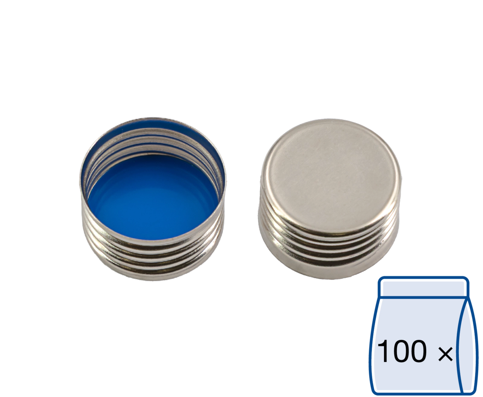 Screw closure, N 18, metal (magn.),silver,closed top,Silicone w./PTFE blue,1.5mm