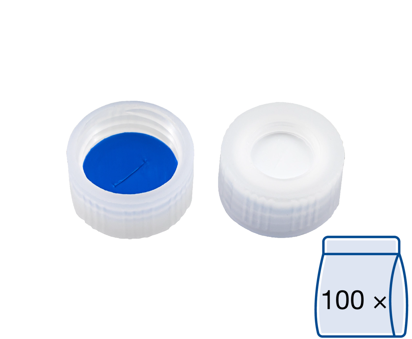 Screw closure, N 9, PP, transp., center hole,Silicone white/PTFE blue,slit,1.0mm