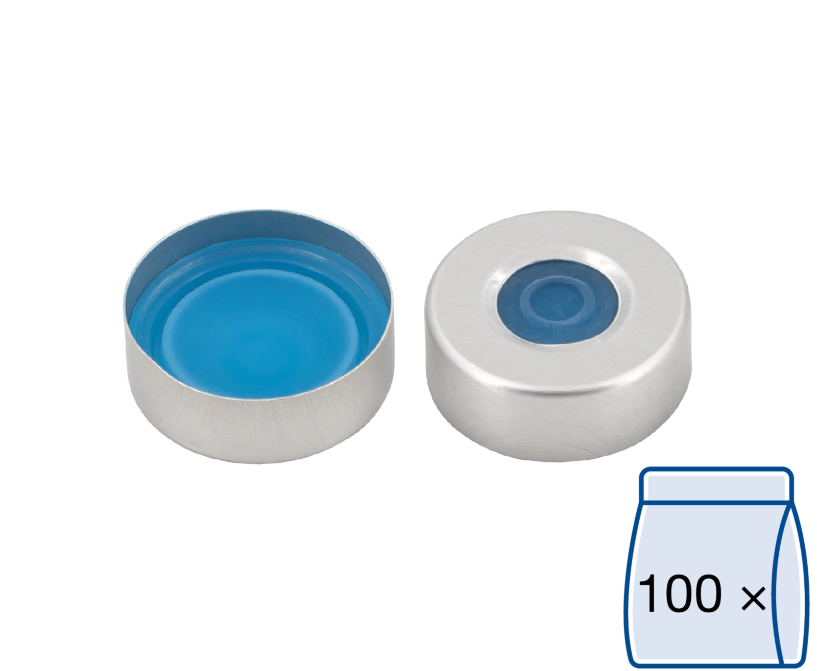 Crimp closure, N 20, alu., c. hole, Sil. blue tr./PTFE colorl. (Pharma-Fix), 3mm