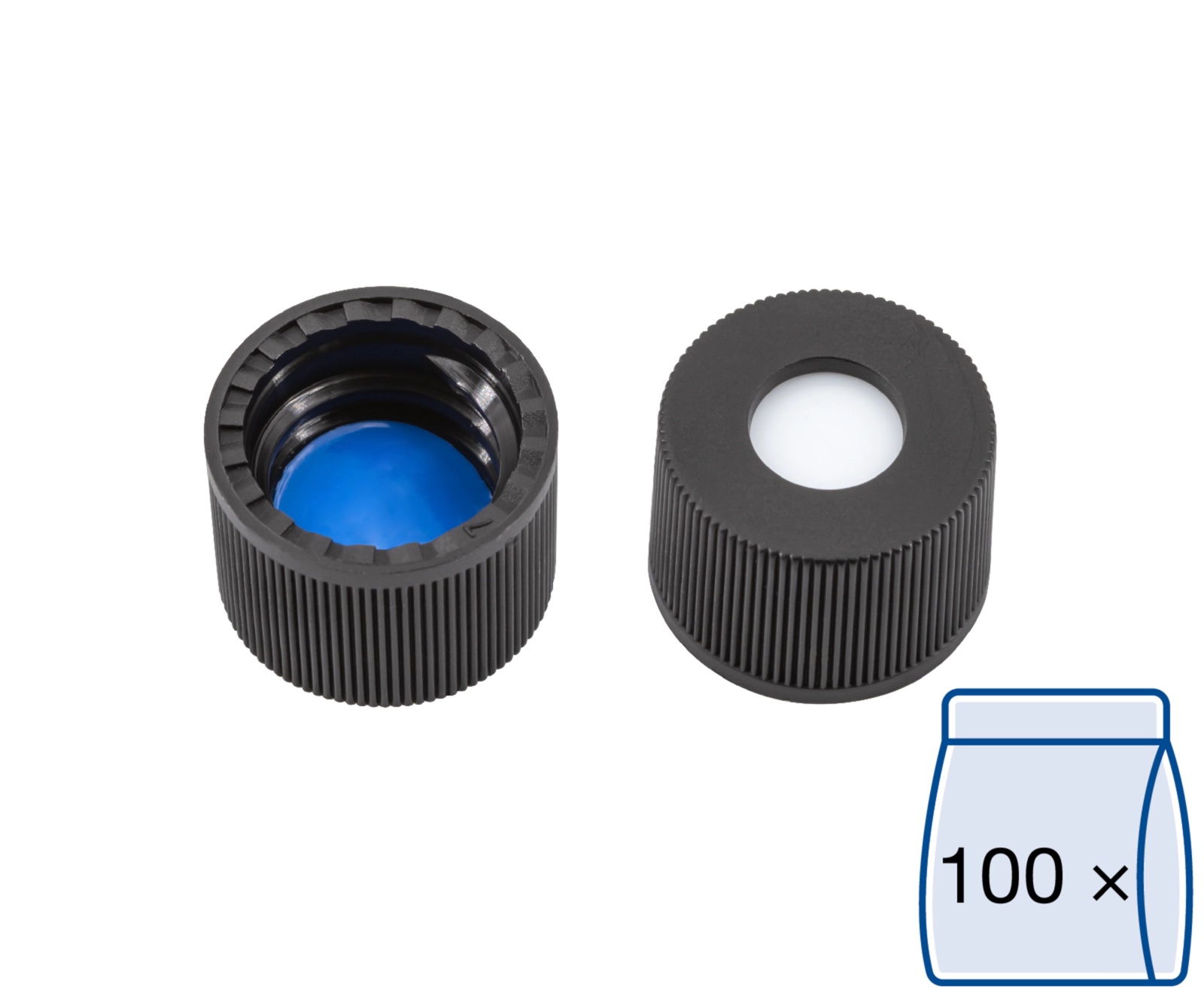 Screw closure, N 8, PP, black, center hole, Silicone white/PTFE blue, slit,1.0mm