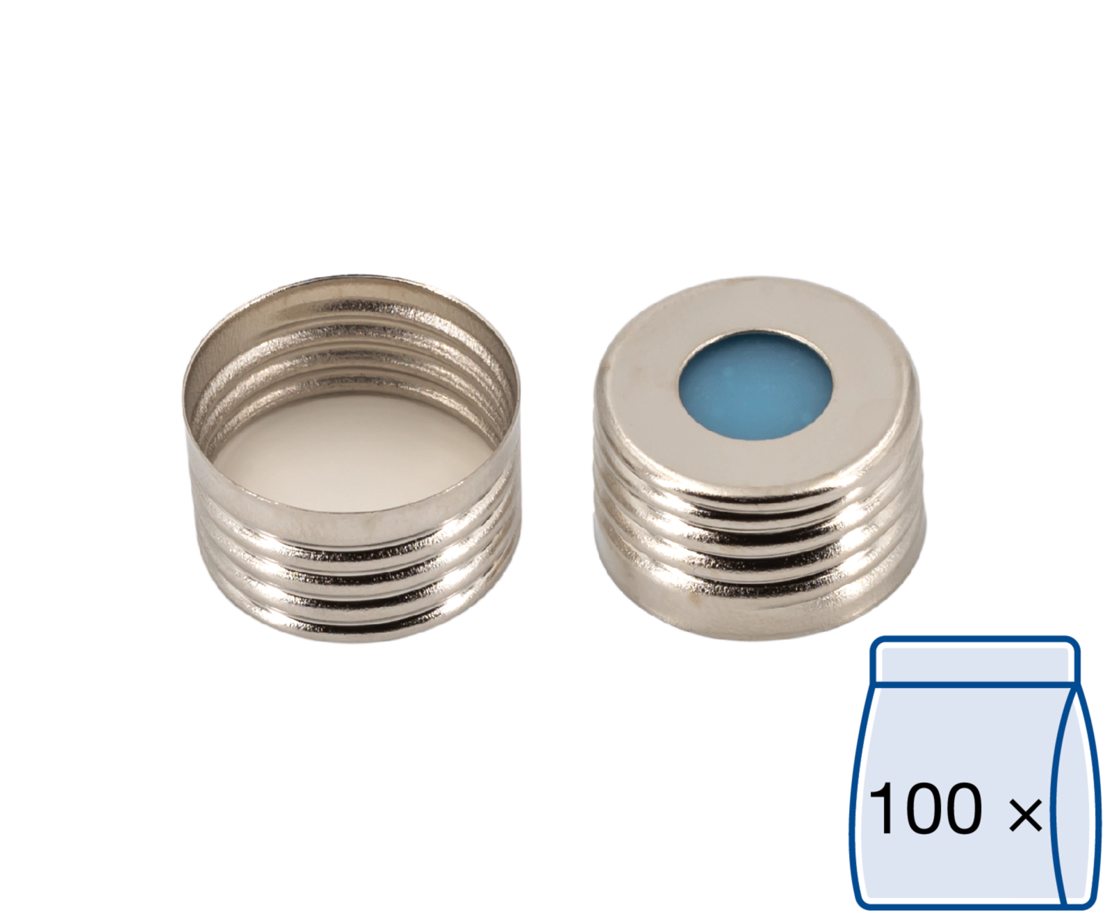 Screw closure, N 18, metal (magn.), sil.,c. hole,Silicone blue tr./PTFE w.,1.5mm
