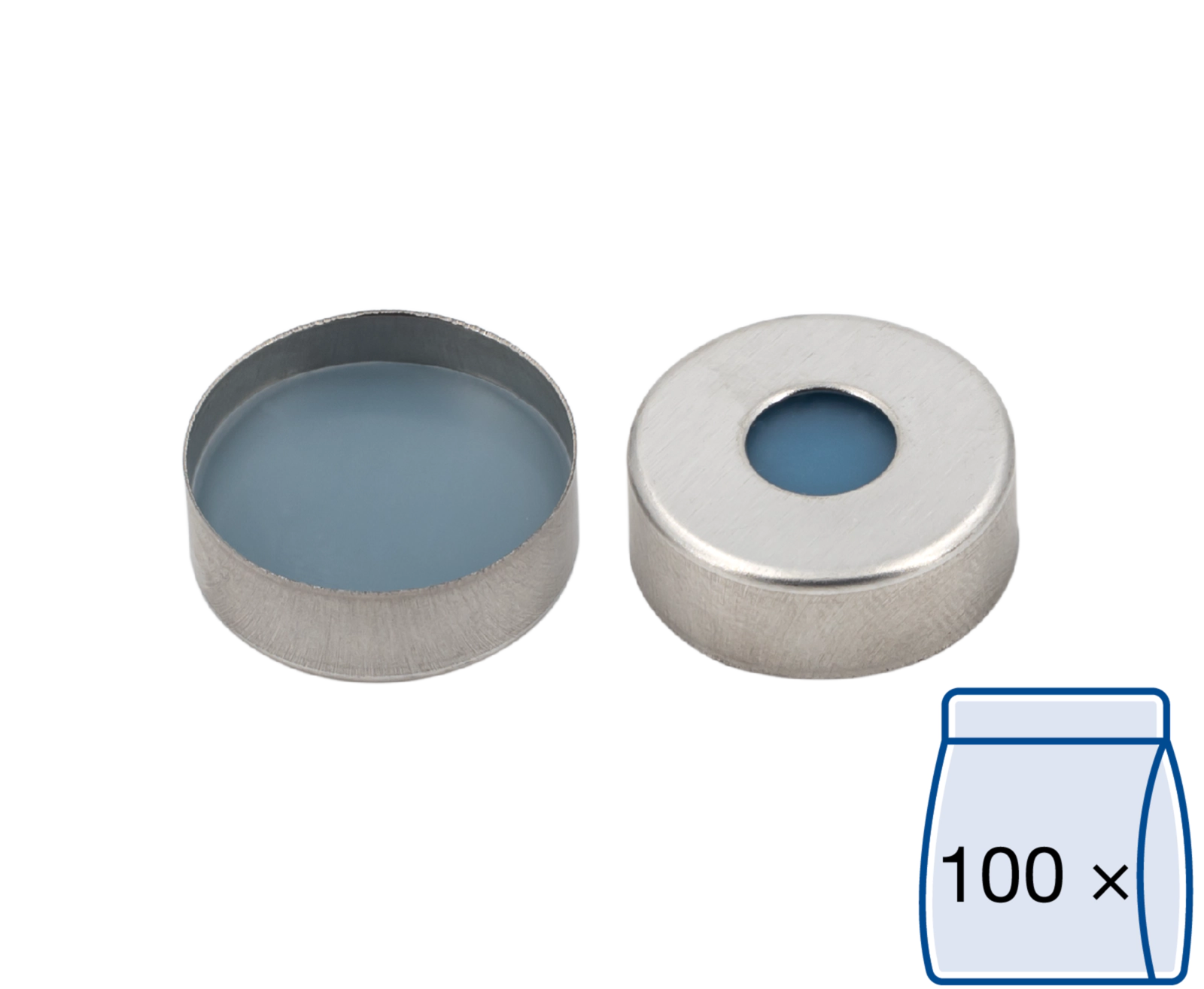 Crimp closure, N 20, metal(magn.),center hole,Silic. blue.tr./PTFE colorl.,3.0mm