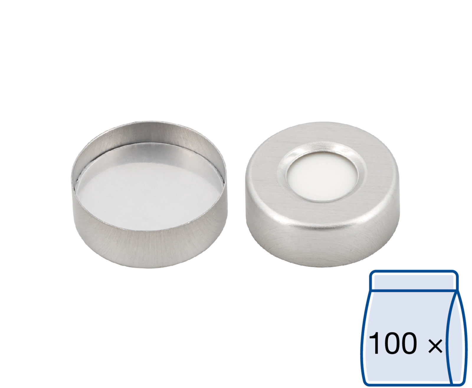 Crimp closure, N 20, alu., center hole, Silicone w./FEP-/Alu. foil silver, 3.0mm