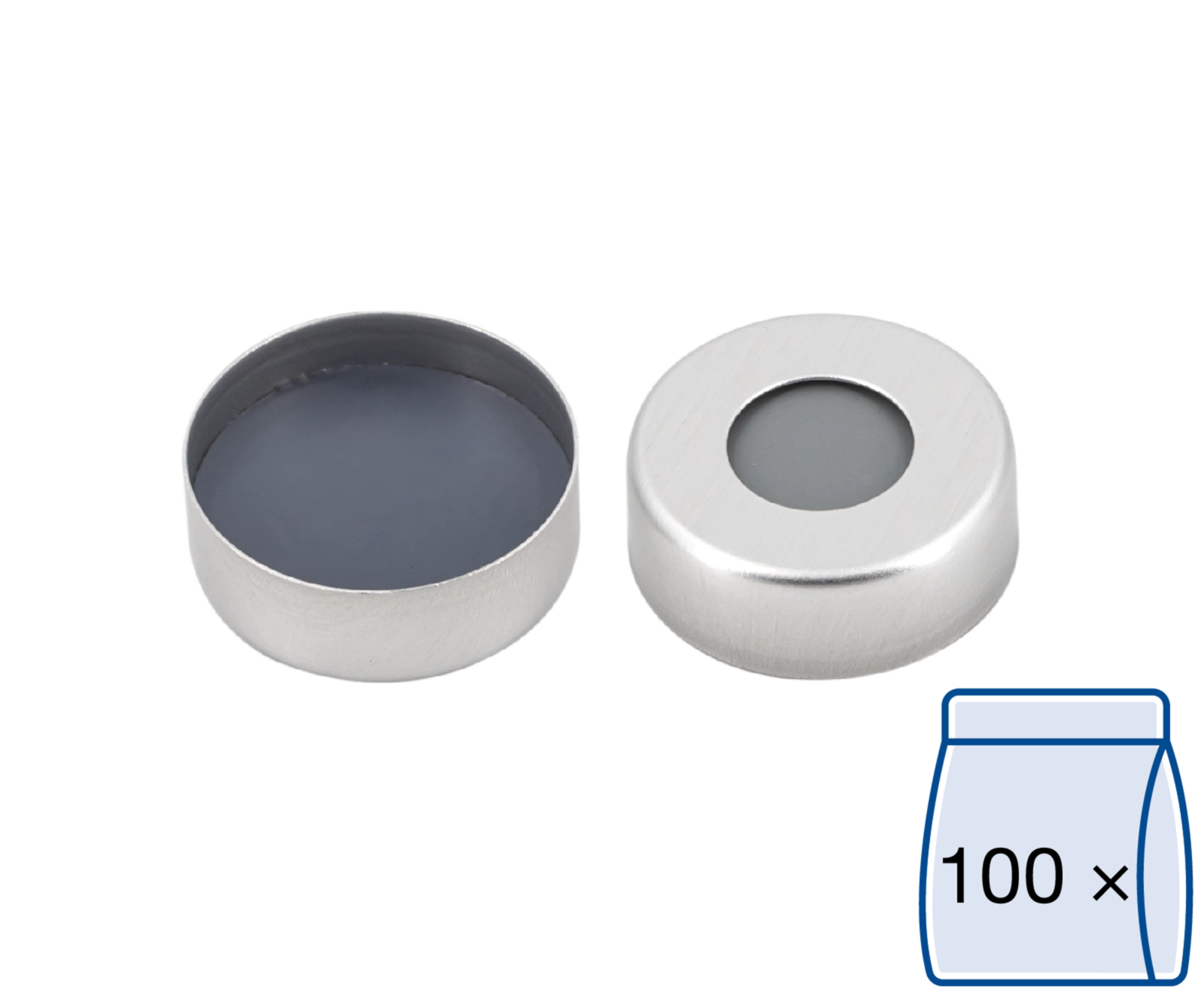 Crimp closure, N 20, alu., center hole, Butyl light gray/PTFE dark gray, 3.0 mm