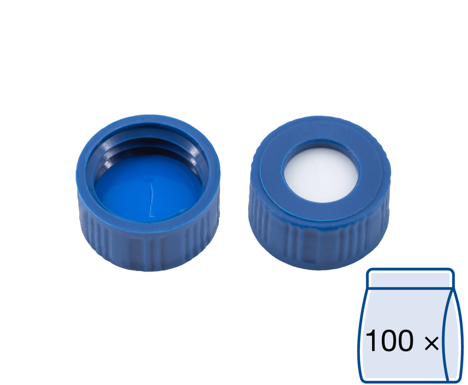 Screw closure, N 9, PP, blue, center hole, Silicone white/PTFE blue, slit, 1.0mm