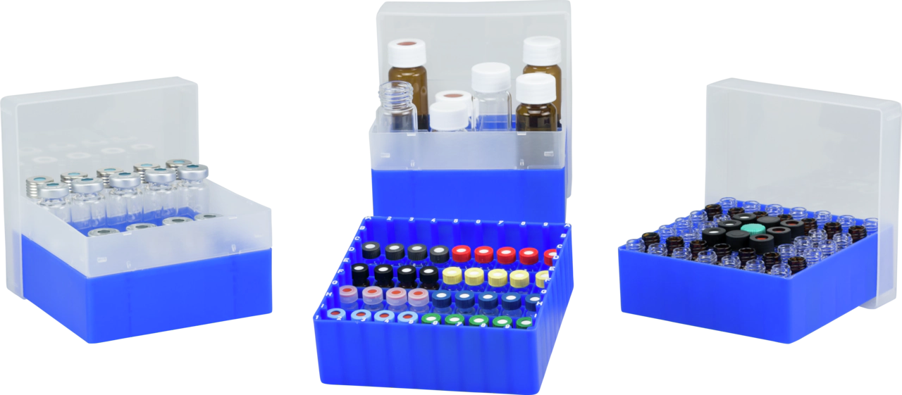 Vial container, max. diameter 12 mm, 81 pos., with lid and divider, stackable