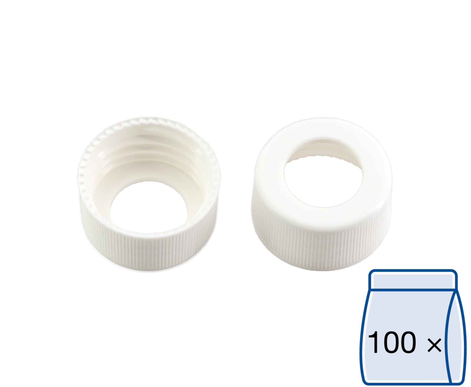Screw closure, N 24, polypropylene, white, center hole, no liner