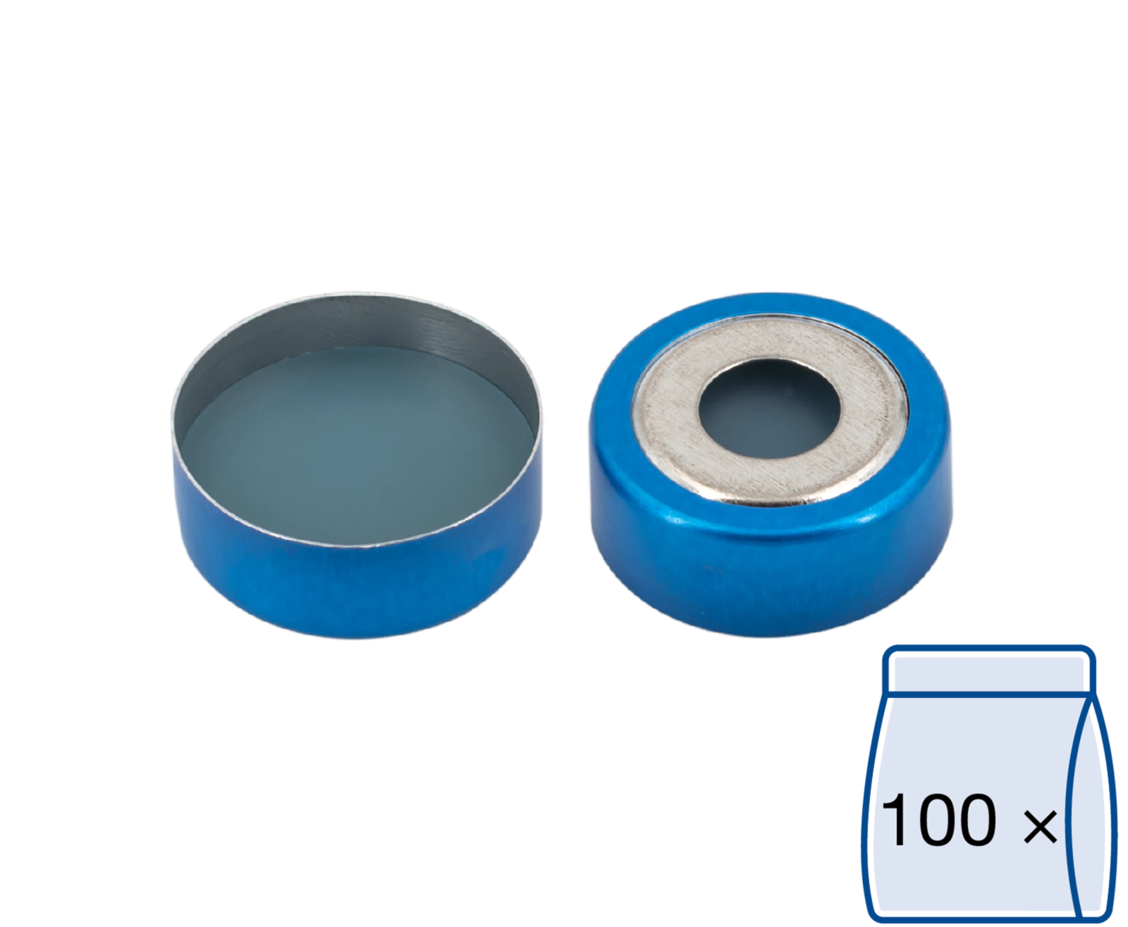 Crimp closure, N 20, alu., blue/tin,center hole,Sil. blue tr./PTFE colorl.,3.0mm