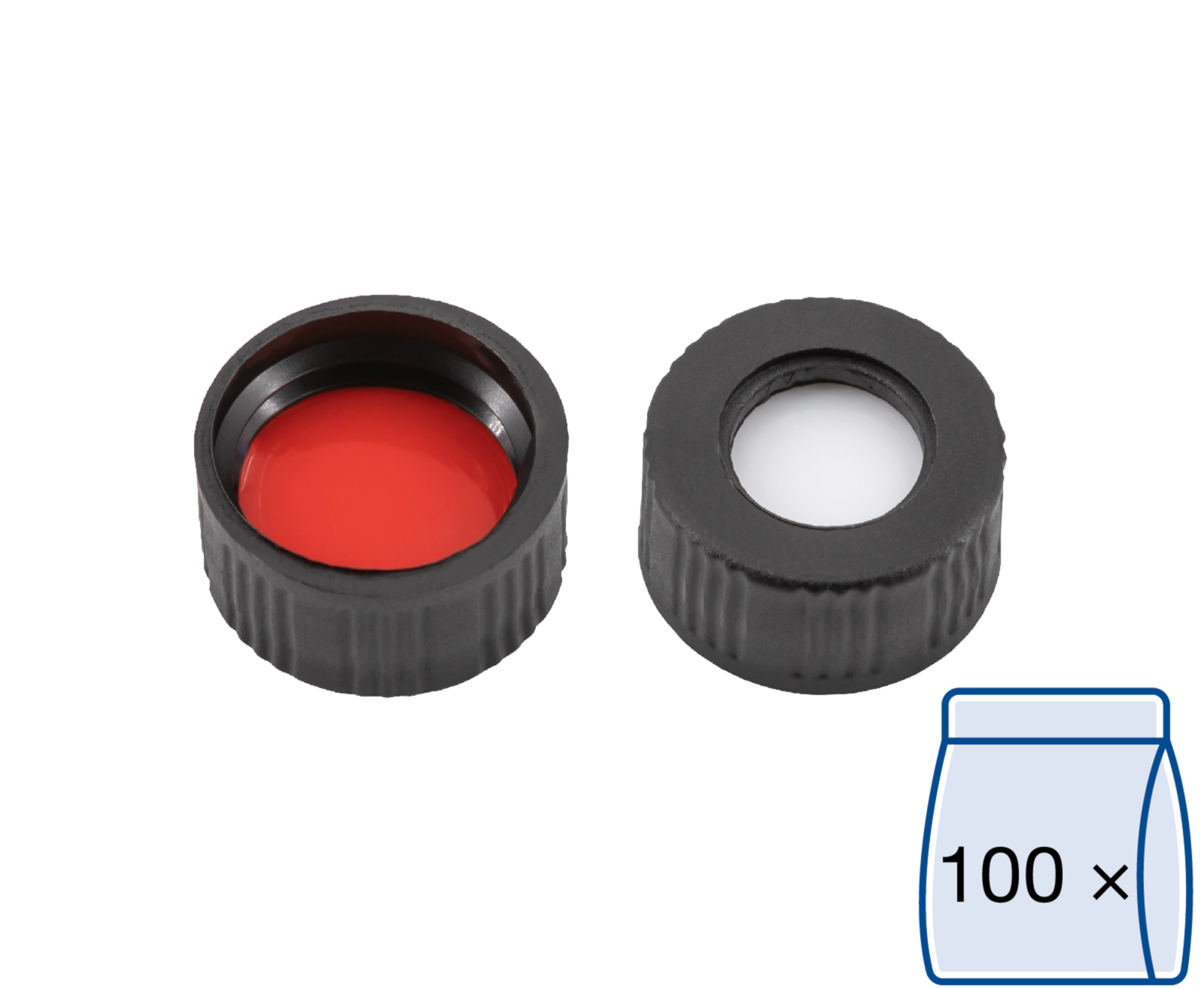 Screw closure, N 9, PP, black, center hole, Silicone white/PTFE red, 1.0 mm