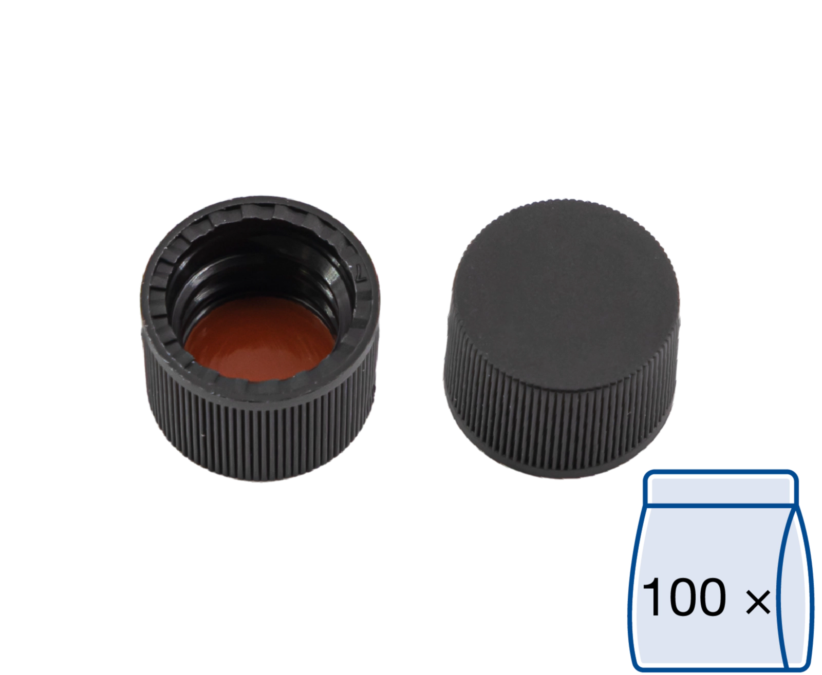 Screw closure, N 8, PP, black, closed top, Red Rubber/FEP colorl., 1.3 mm