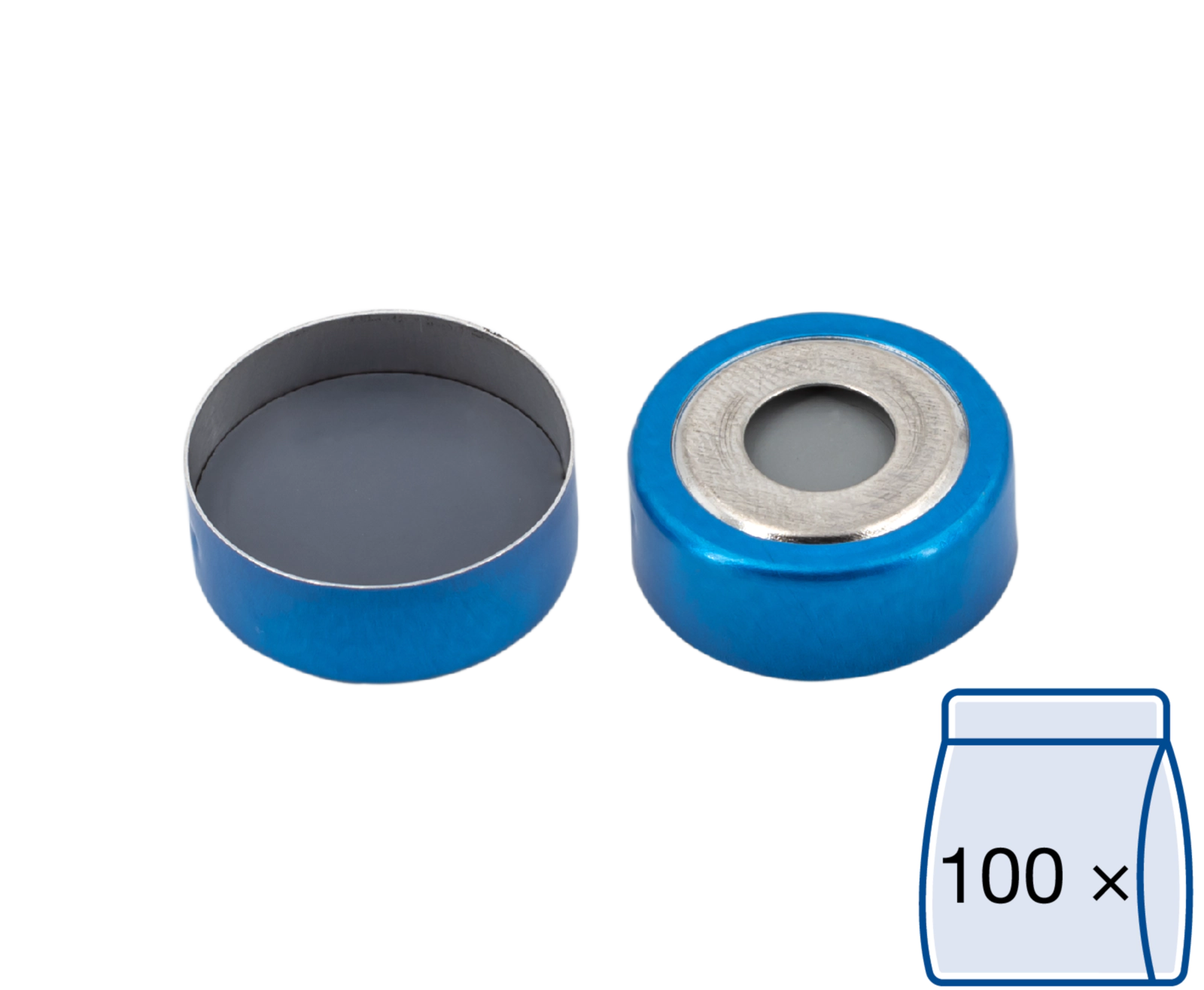 Crimp closure, N 20, alu.,blue/tin, center hole,Butyl l. gray/PTFE d. gray,3.0mm