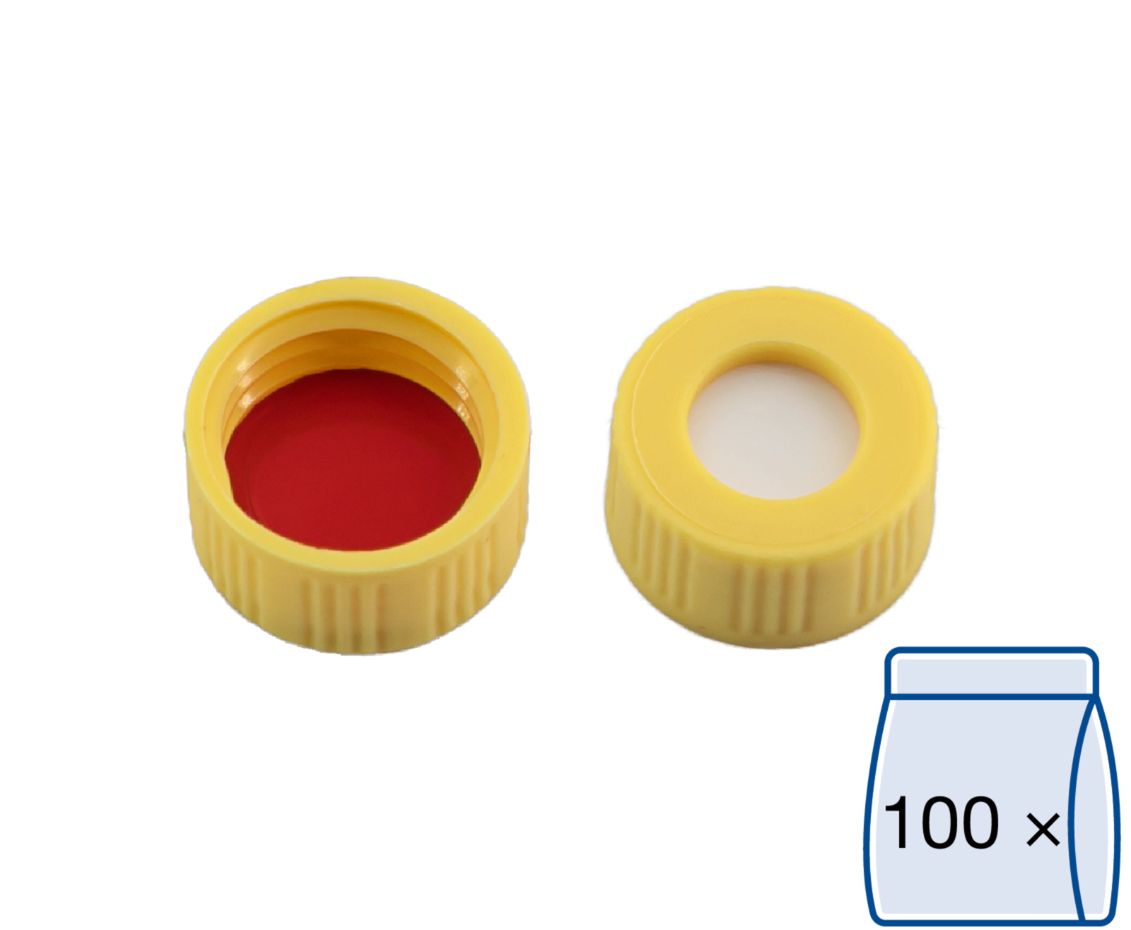 Screw closure, N 9, PP, yellow, center hole, Silicone white/PTFE red, 1.0 mm