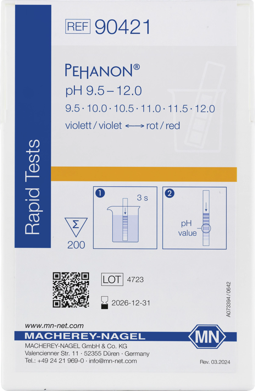 pH test strips, PEHANON 9.5–12.0, for colored samples