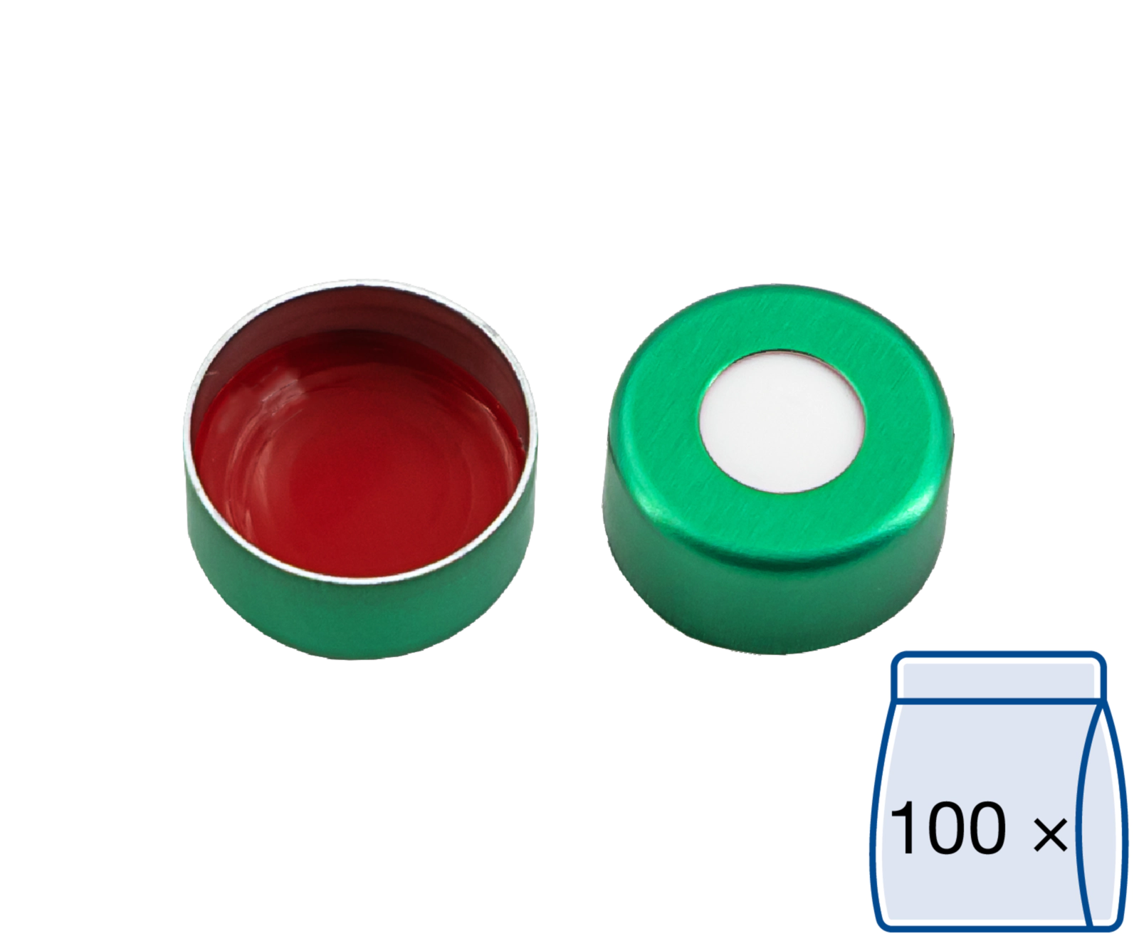 Crimp closure, N 11, alu., green, center hole, Silicone white/PTFE red, 1.3 mm