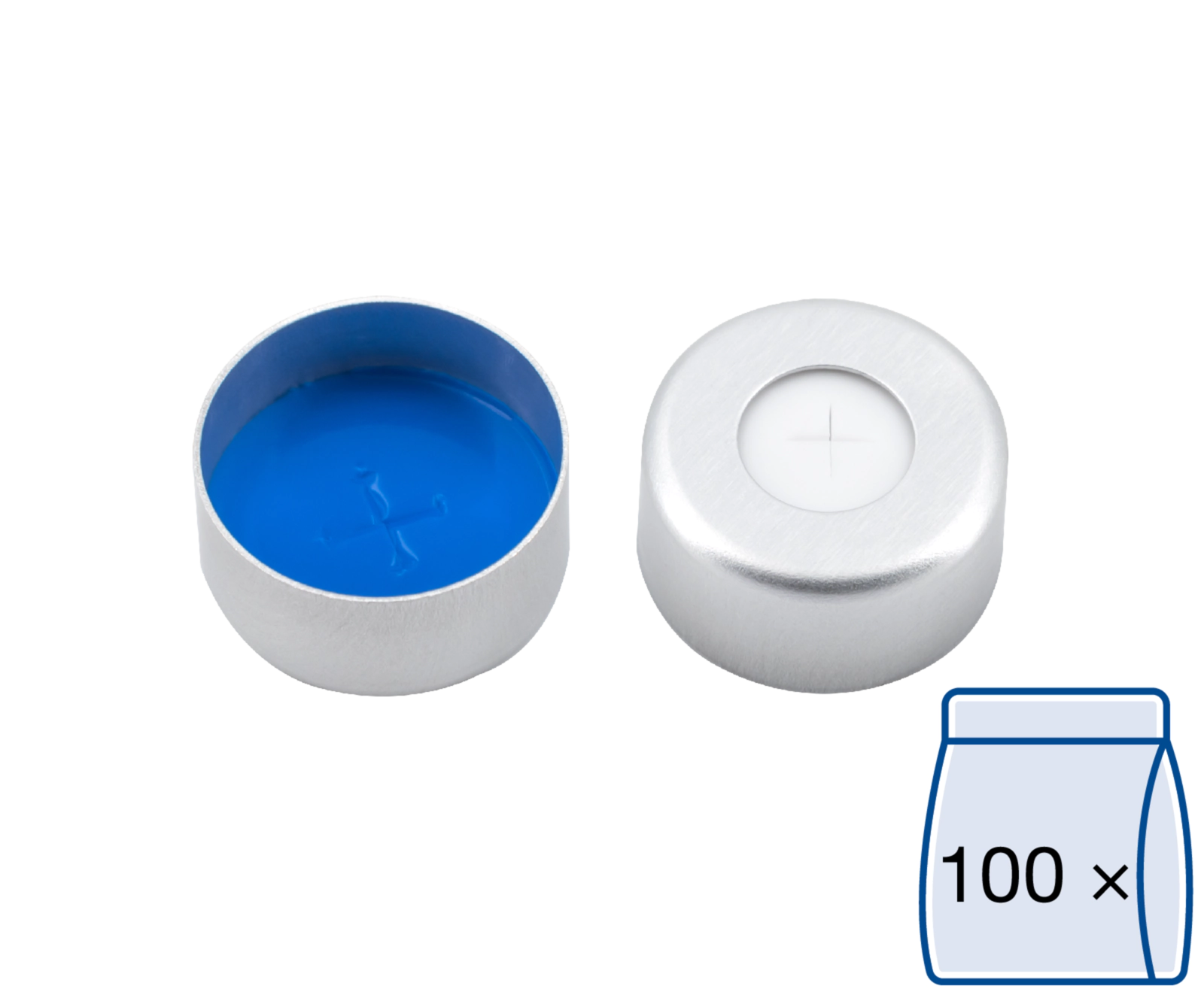 Crimp closure, N 11, alu., center hole,Silicone white/PTFE blue,cross-slit,1.5mm