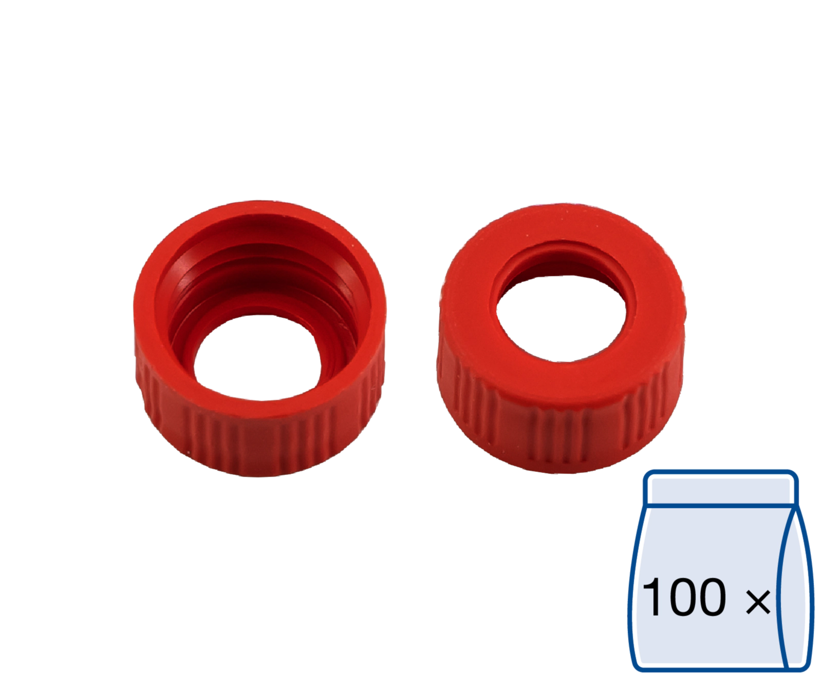 Screw closure, N 9, PP, red, center hole, no liner
