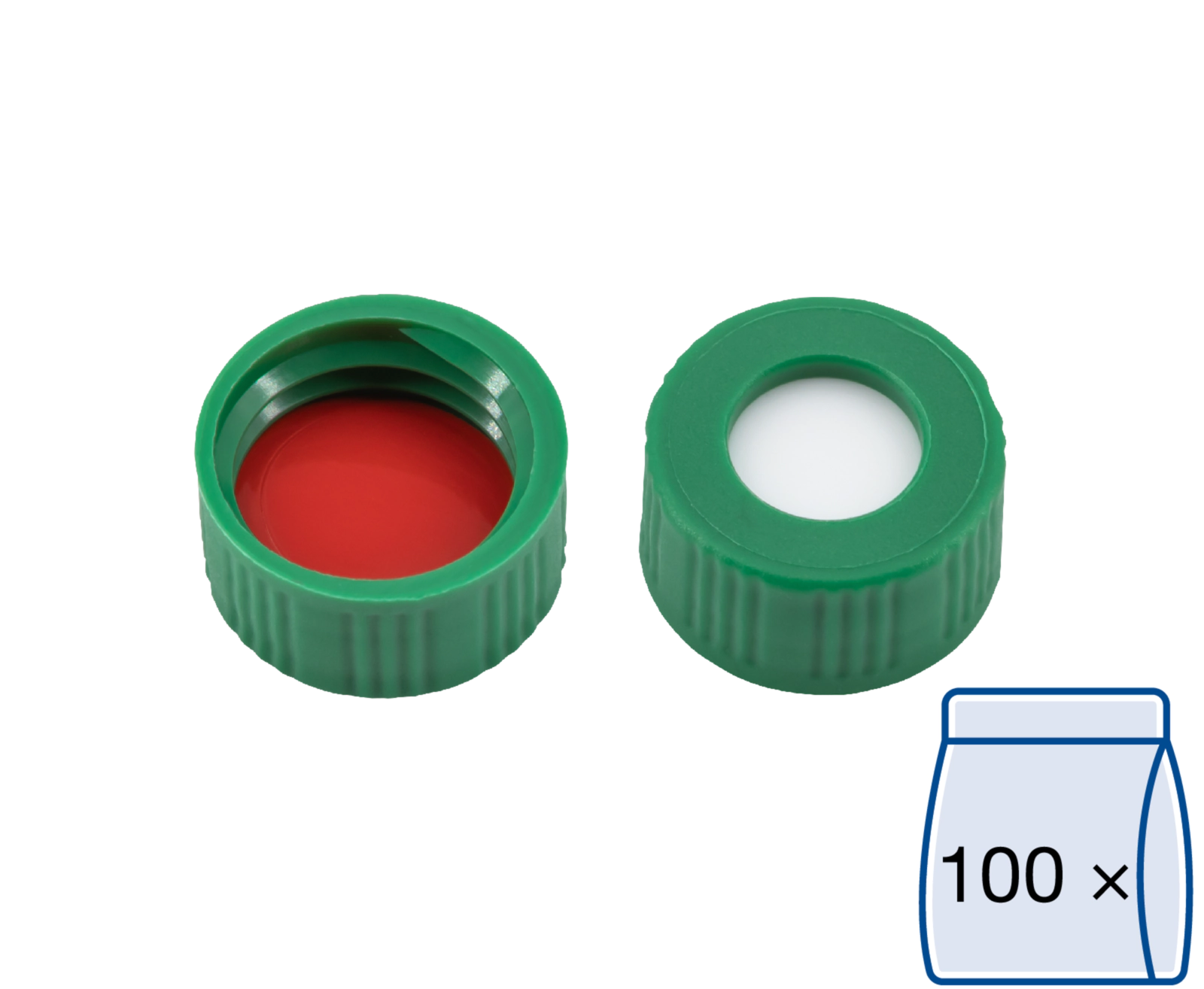 Screw closure, N 9, PP, green, center hole, Silicone white/PTFE red, 1.0 mm