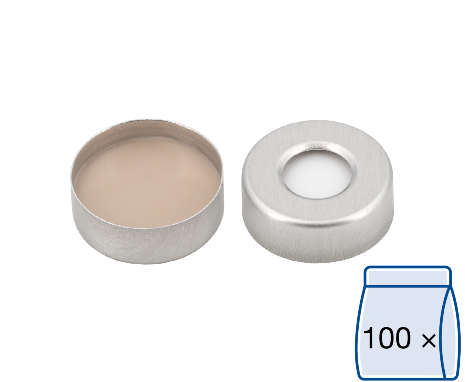 Crimp closure, N 20, alu., center hole, Silicone white/PTFE beige, 3.0 mm