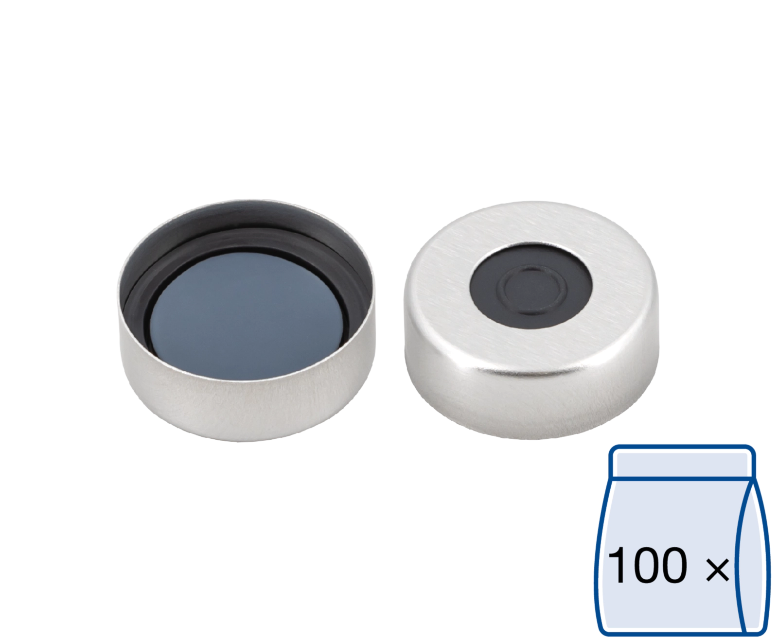 Crimp closure, N 20, alu., center hole, Butyl dark gray/PTFE gray, 3.0 mm