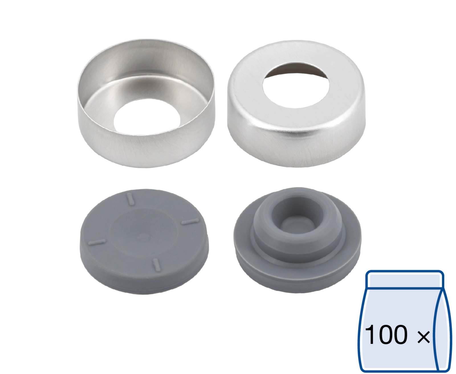 Crimp closure, N 20, alu., center hole, Bromobutyl stopper, gray, unassembled