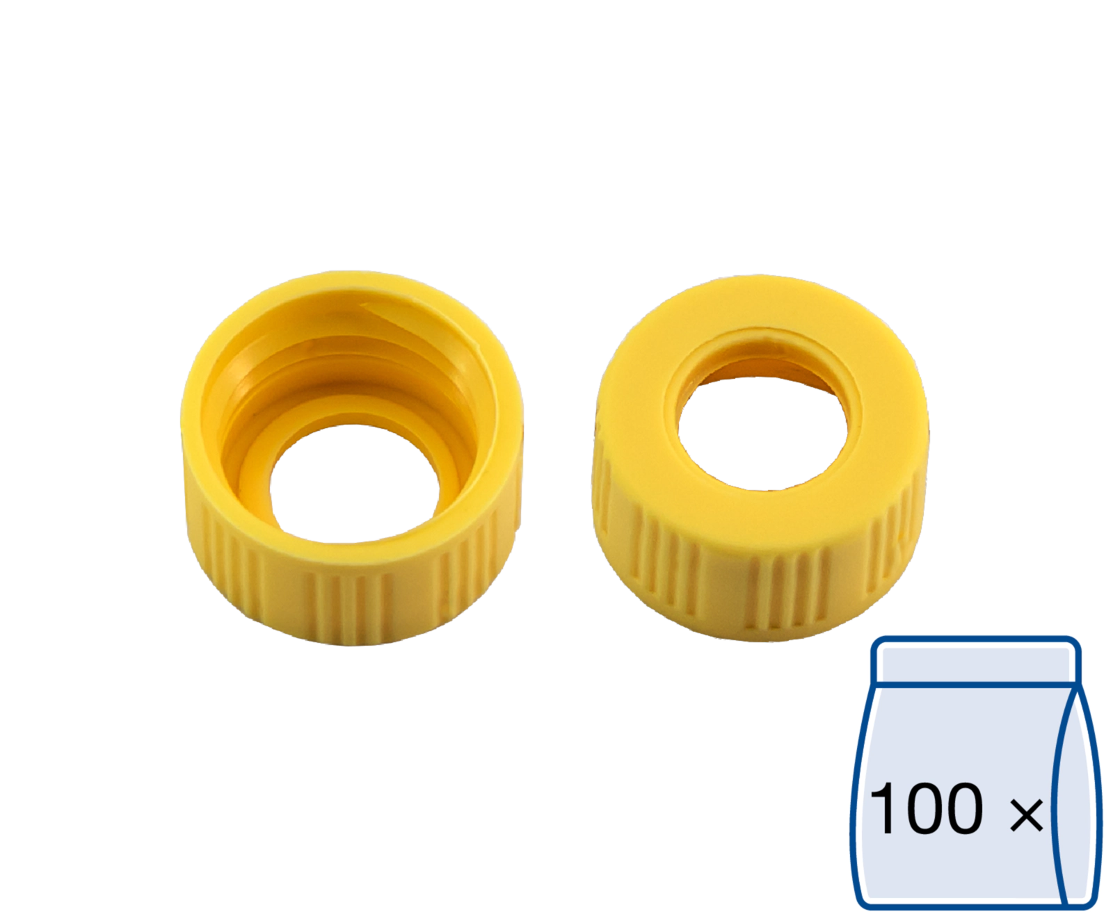 Screw closure, N 9, PP, yellow, center hole, no liner