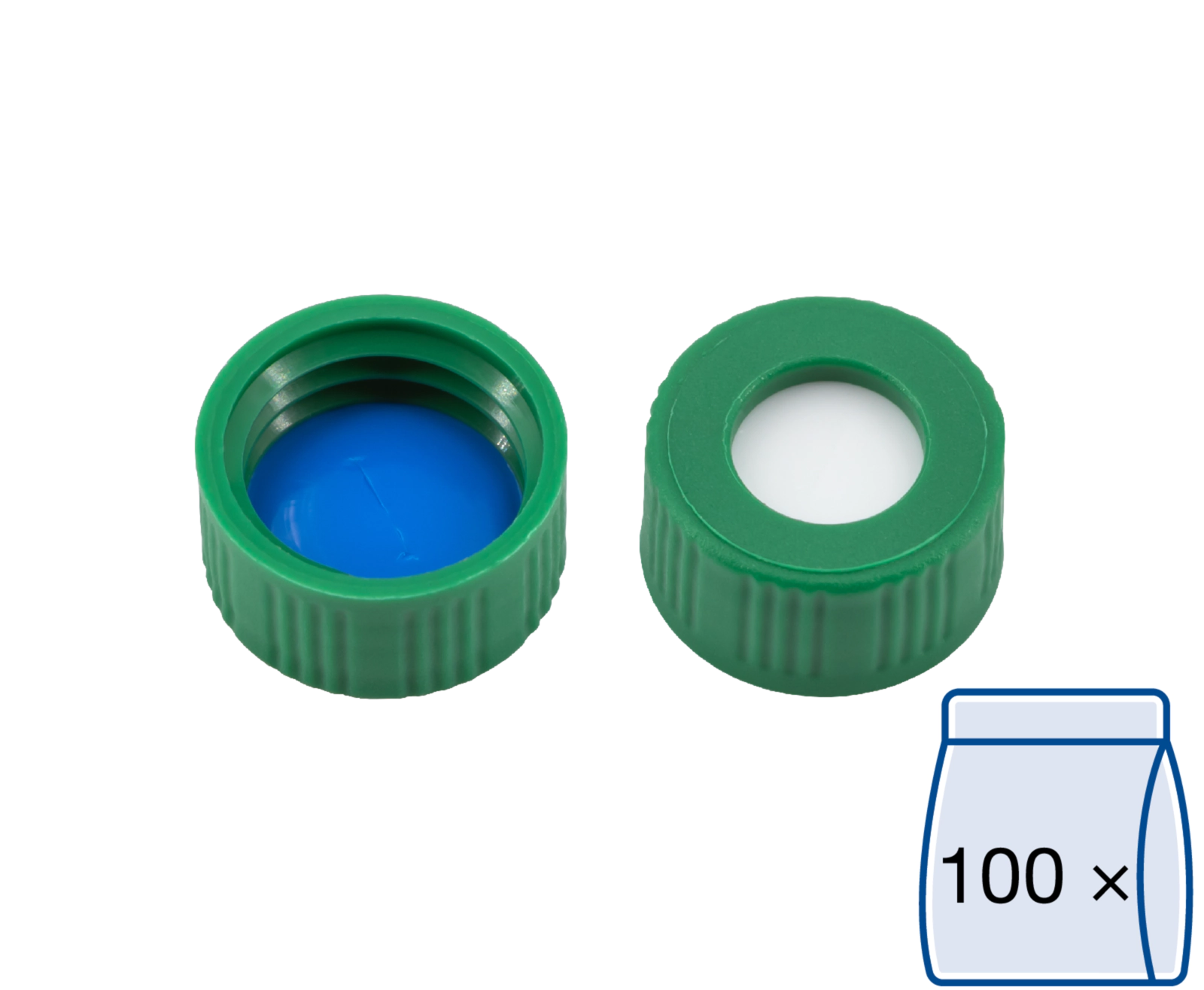 Screw closure, N 9, PP, green, center hole, Silicone white/PTFE blue, slit,1.0mm