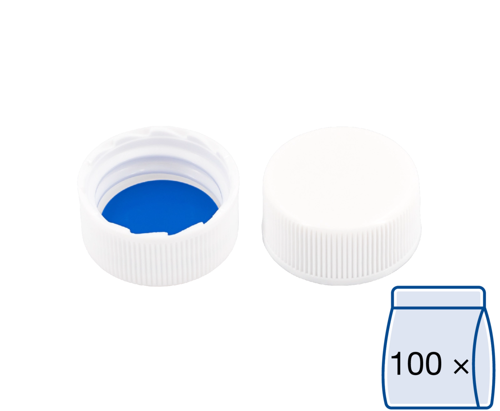 Screw closure (bonded), N 20, PP, white, closed top,Silicone w./PTFE blue, 1.3mm